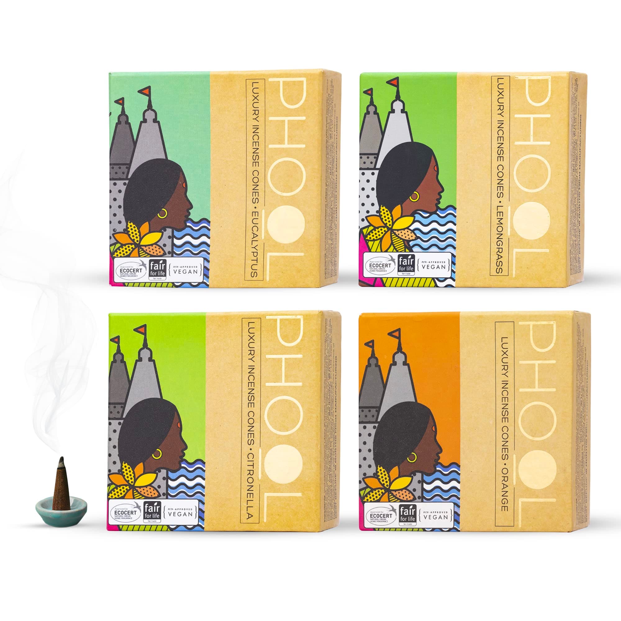 PHOOL LUXURY INCENSE Natural Cones (Bundle Pack Of 4) I Citral Fragrances - Citronella, Eucalyptus, Lemongrass, Orange I 100% Organic Dhoop Cones | Natural Mosquito Repellents