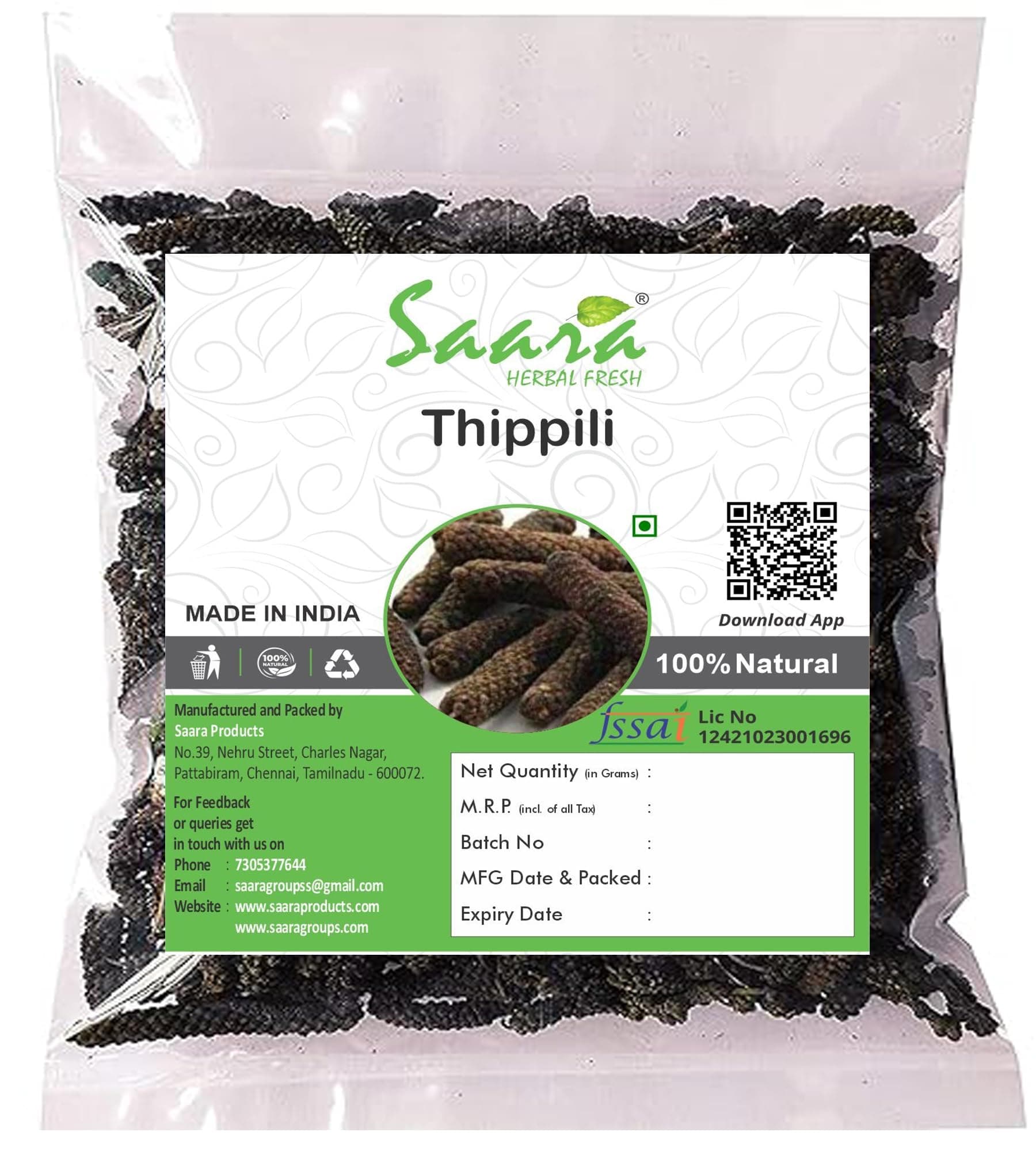 SAARA : Thippili l Long Pepper l Pipali , 50g (Pack 1 X 50g )