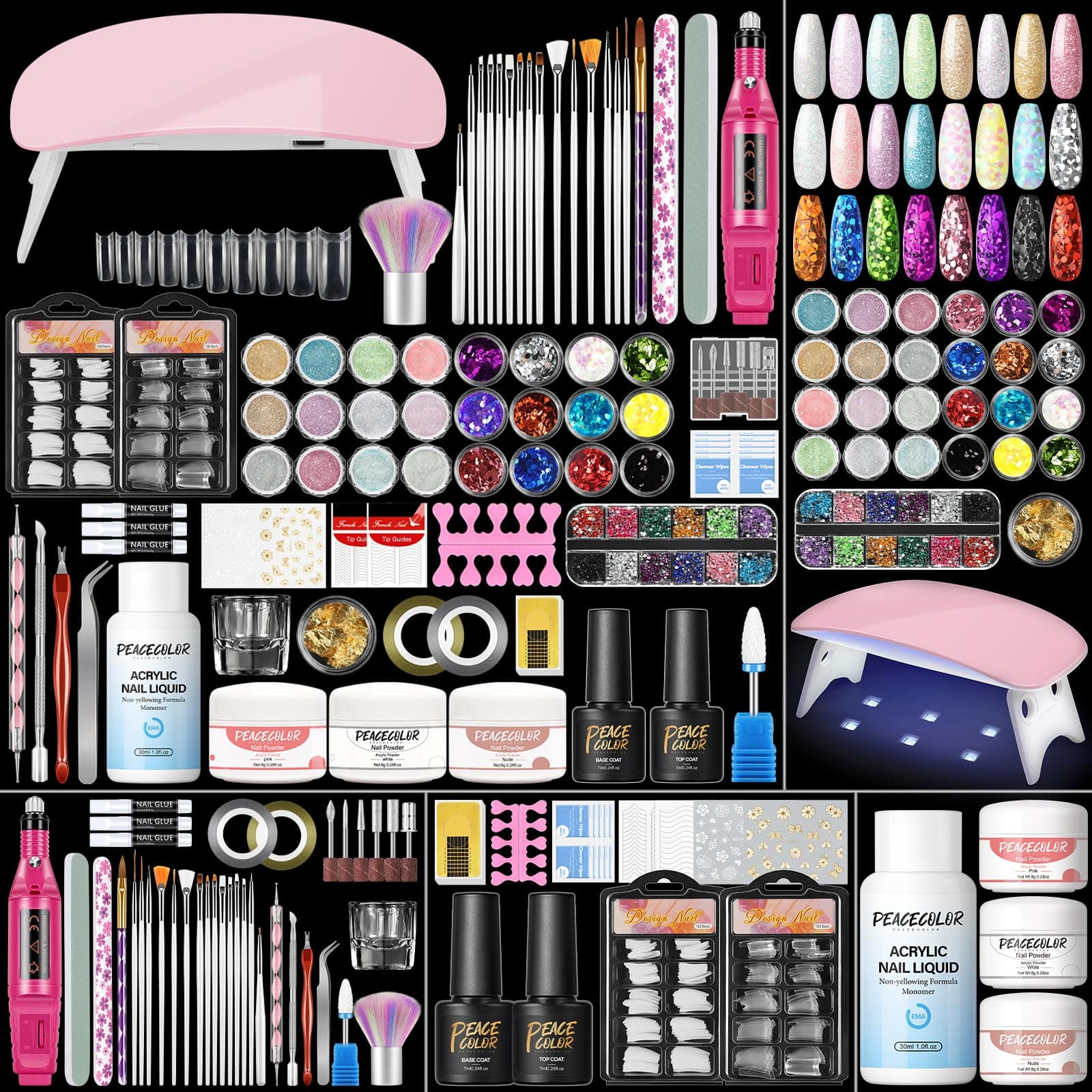 PEACECOLOR - Acrylic Nail Kit with Everything for Beginners - This acrylic nail kit with everything contains a nail drill, a mini nail lamp, 3 colors acrylic powder, 24 deco powders