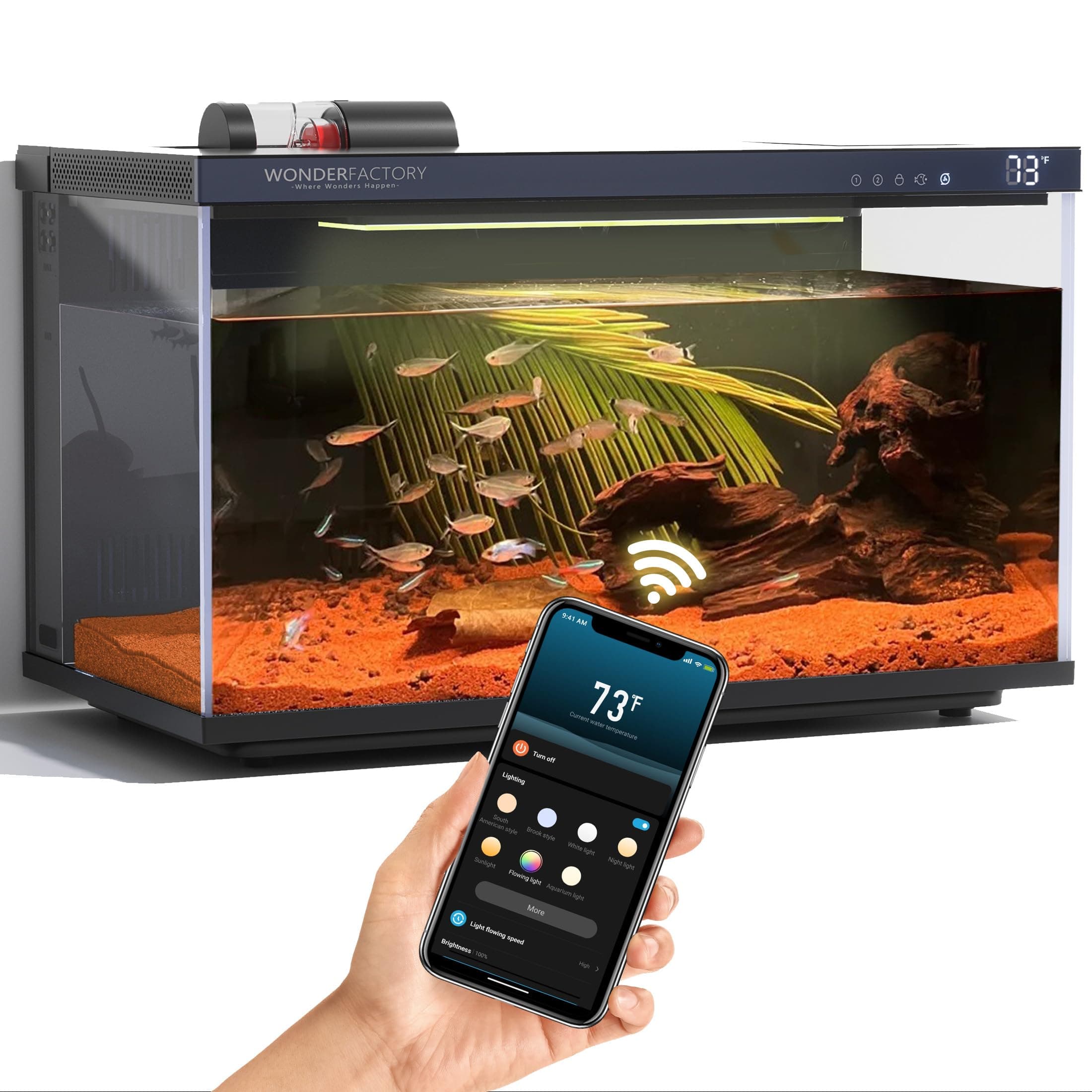 Smart Aquarium Fish Tank Starter 5 Gallon kit, Including Modular Filtration, 7 Color Lighting, Automatic Feeder, Temperature Monitor. Self-Cleaning Fish Tank, HD UHA Glass, No Installation Needed