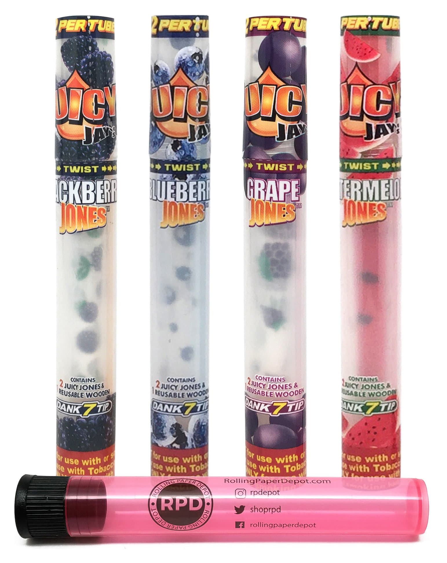 Bundle - 5 Items - Juicy Jay's Juicy Jones Pre-Rolled Cone Sampler Pack (1 Pack of 4 Flavors) with Authentic Rolling Paper Depot KewlTube