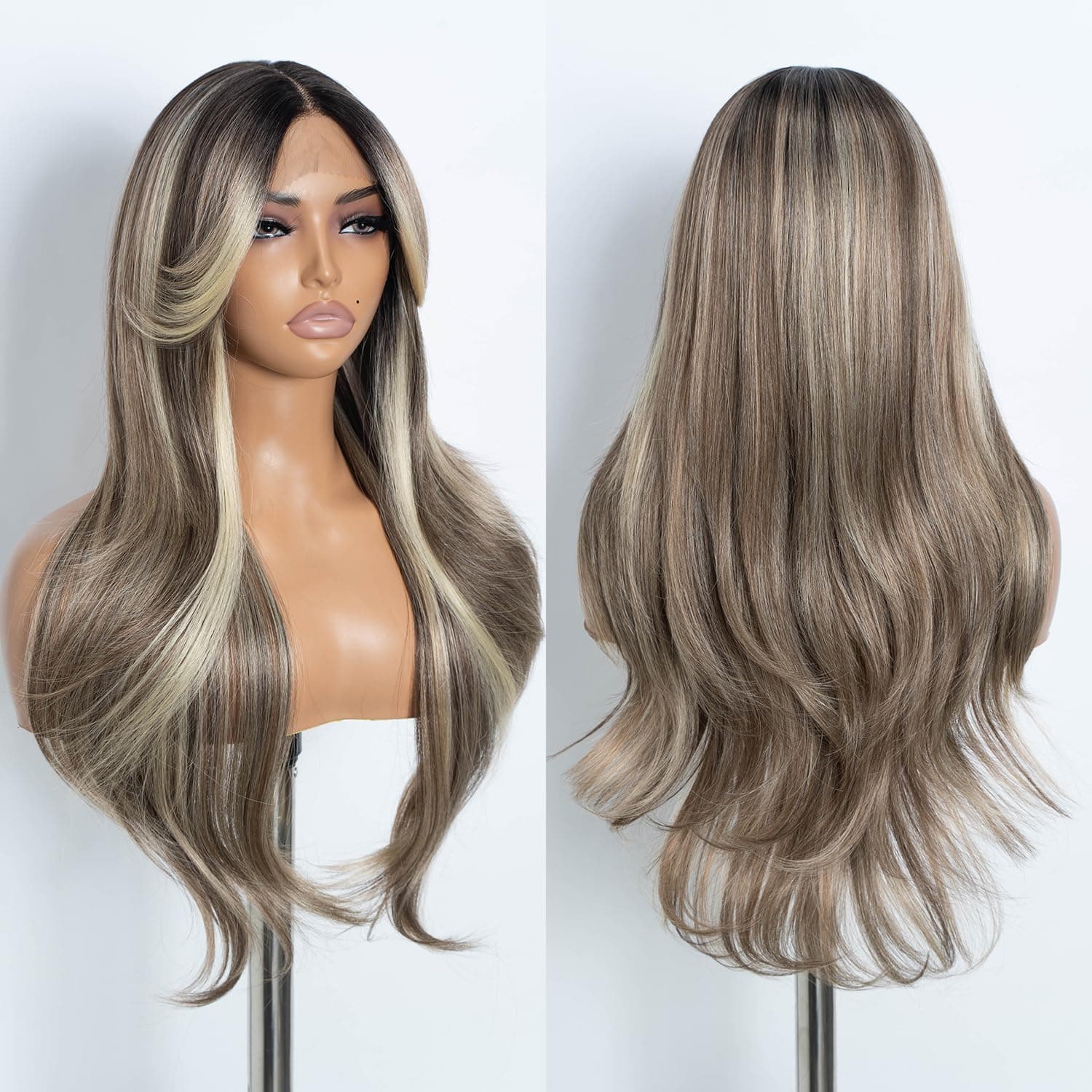 Style Icon Long Layered Wave Lace Front Wigs with Curtain Bangs 26 Inches Highlight Blonde Straight Hair Synthetic T Part Lace Wig (NTSA4/10/23B/613C)