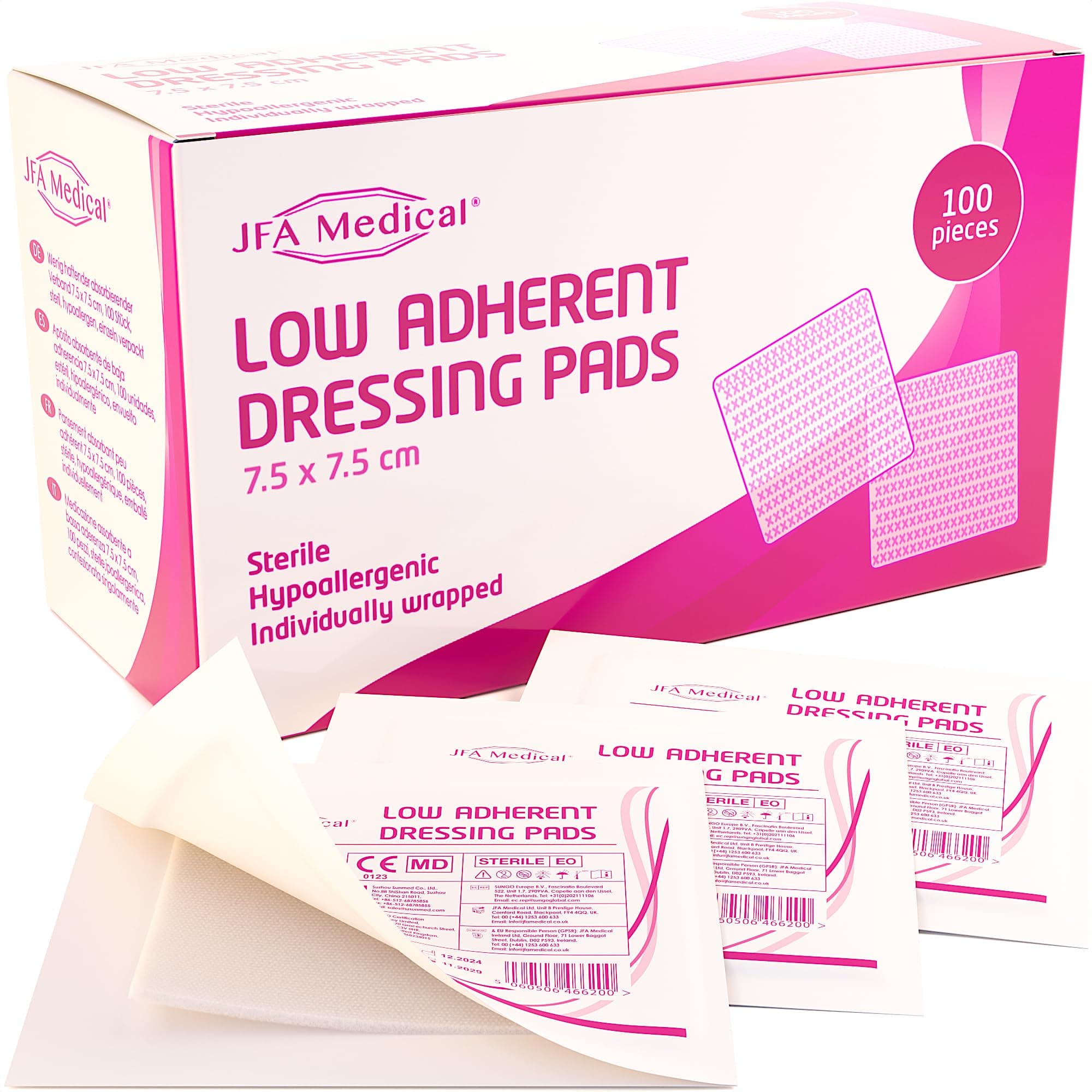 JFA Medical Low Adherent Sterile Absorbent Wound Dressing Pad 7.5cm x 7.5cm – Pack of 100