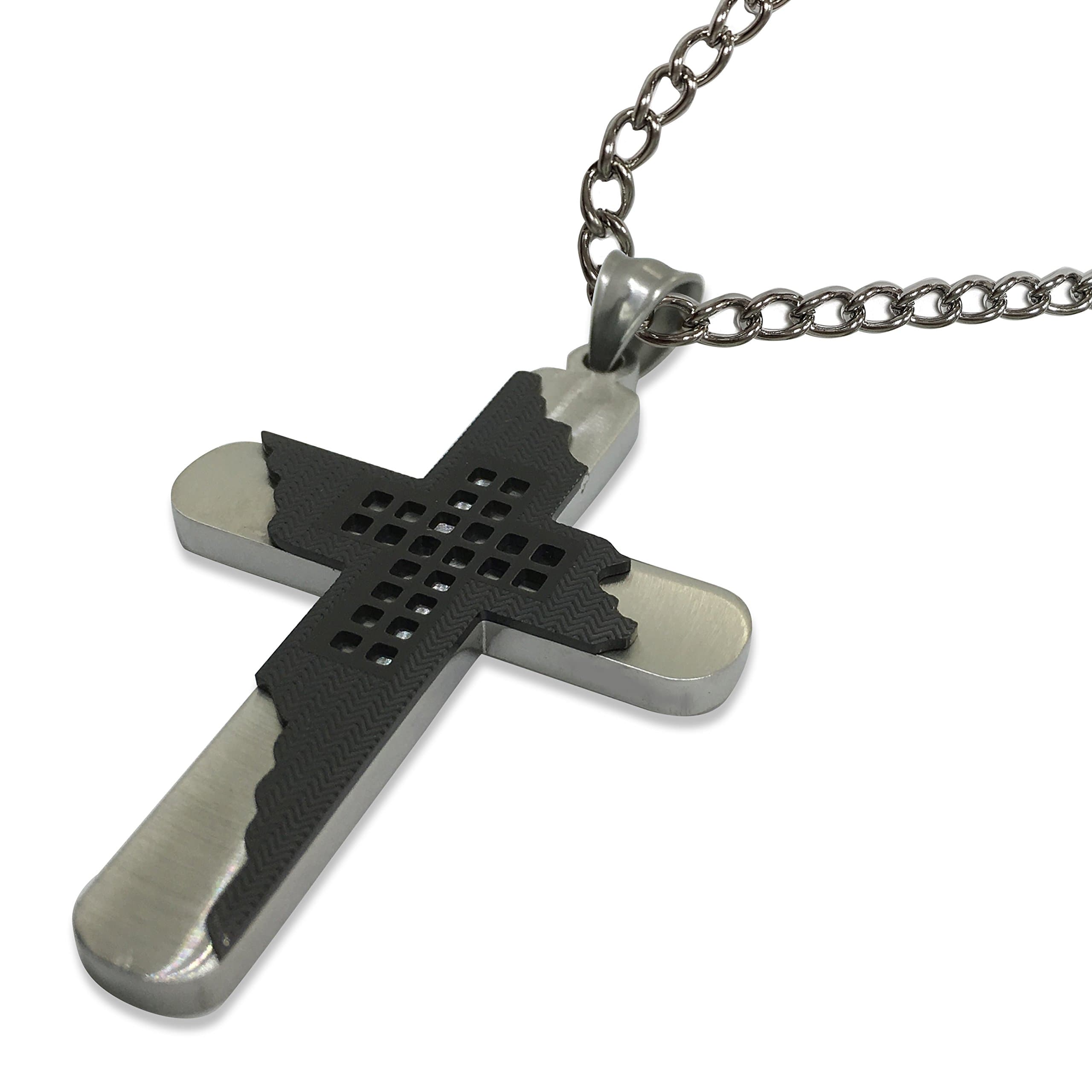 Men Set Cross with Black Design + Curb Cuban Ball Chain Stainless Steel - 24" & 28" Inches