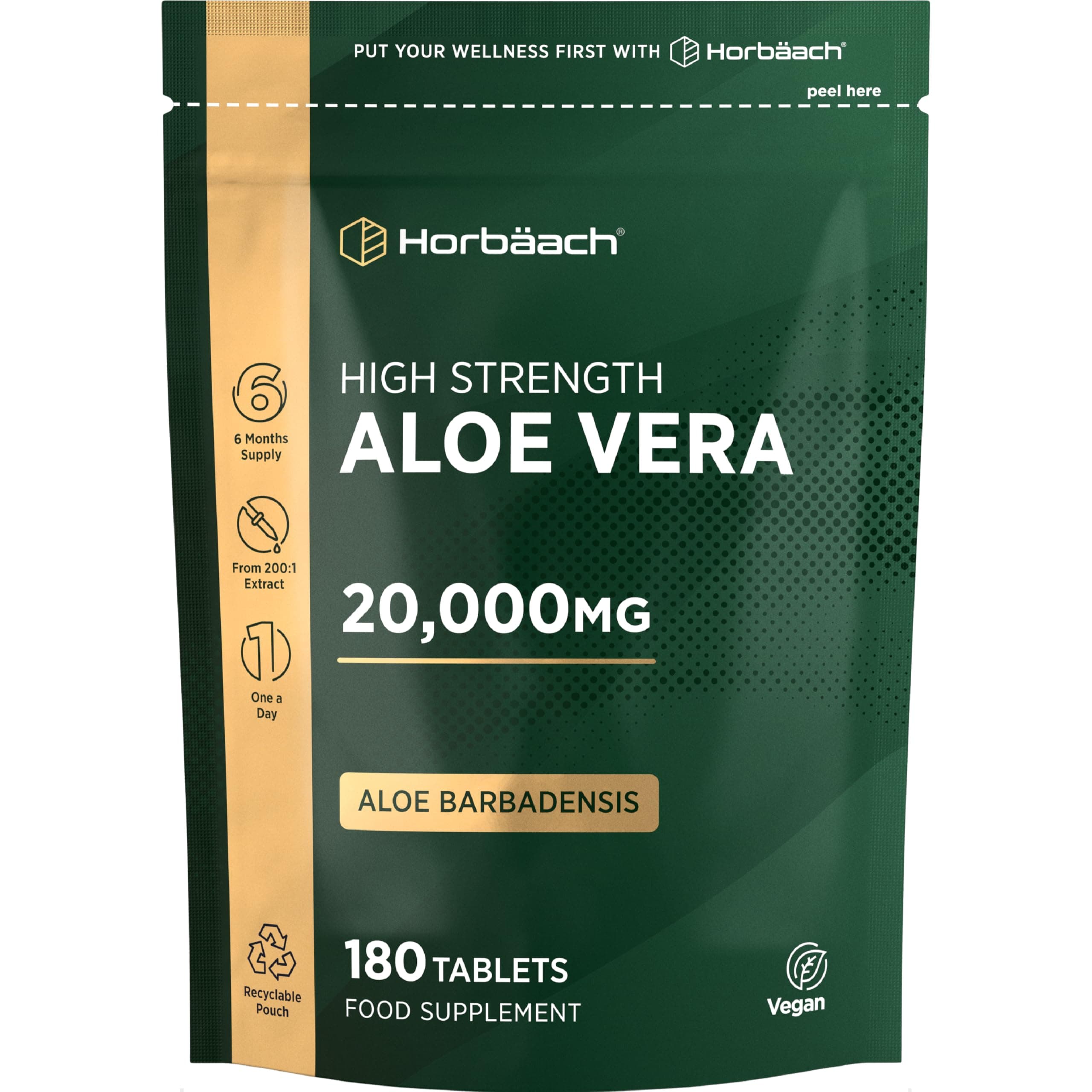 Aloe Vera Tablets 20,000mg | High Strength One-A-Day Formula | 180 Count | Suitable for Vegetarians & Vegans | by Horbaach