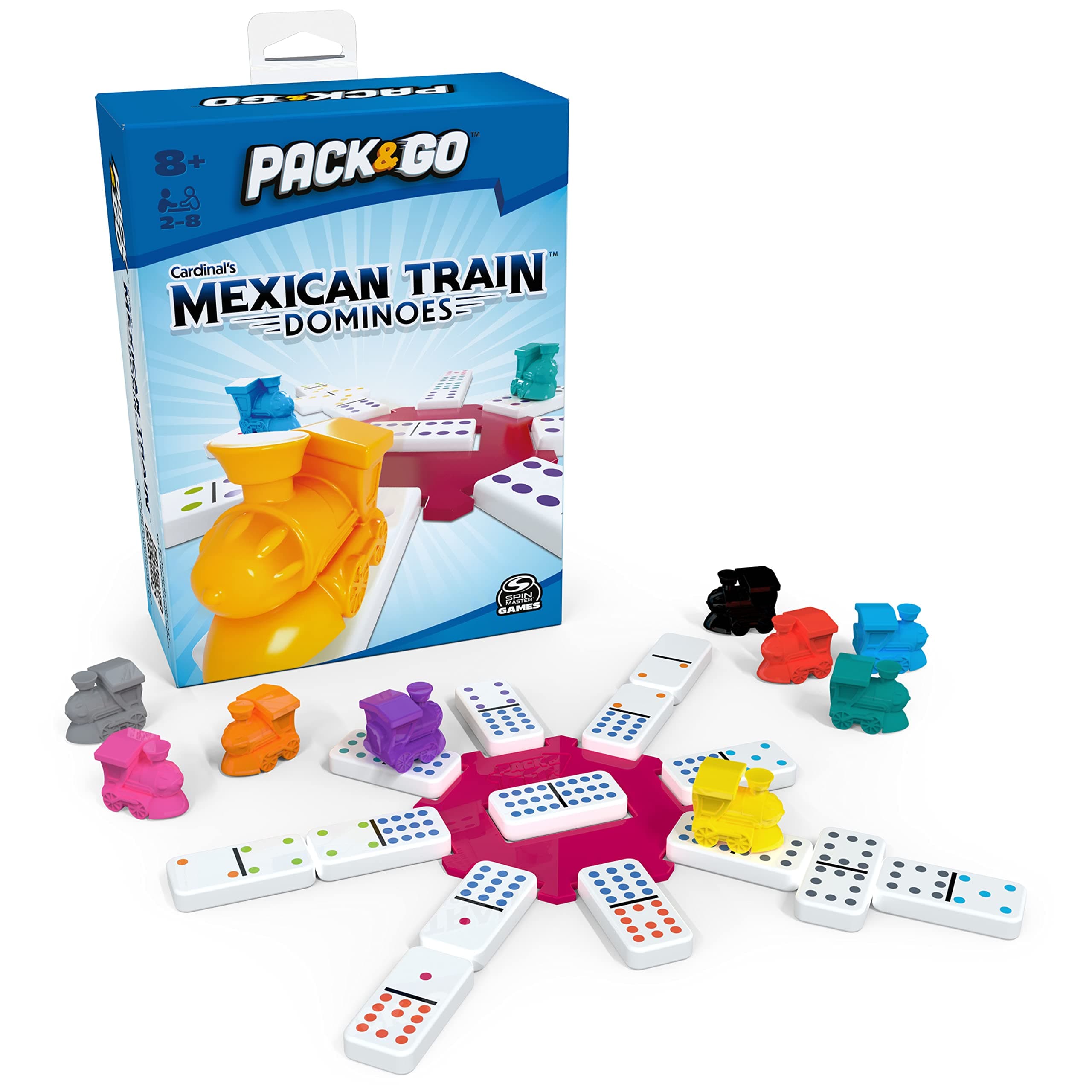 Spin Master Games Pack & Go Mexican Train Dominoes Portable Dominoes Set Kids Classic Board for Adults and Kids Ages 8 and Up