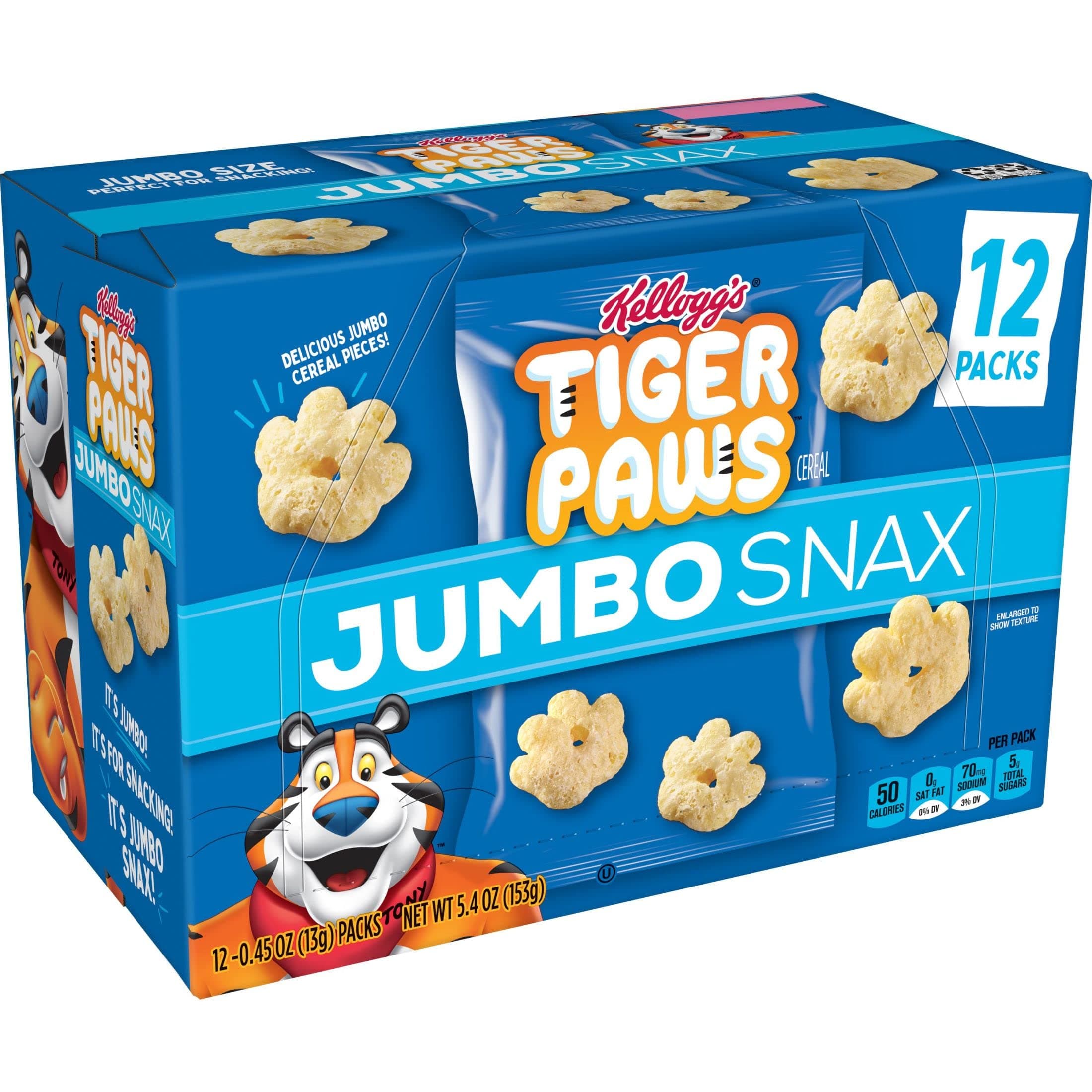 Kellogg's Jumbo Snax Tiger Paws Cereal Snacks, Lunch Snacks, Original, 5.4oz Box (12 Bags)
