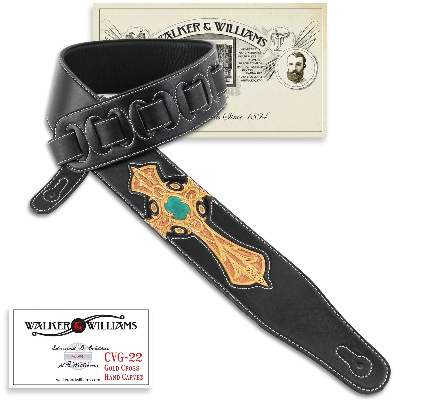 Walker & WilliamsCVG-22 Padded Leather Guitar Strap with Hand Tooled Cross
