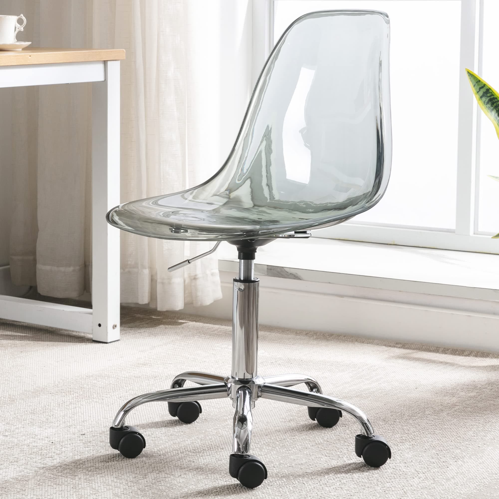 Acrylic Clear Desk Chair, Modern Small Cute Armless Vanity Rolling Plastic Chair Home Office Lucite Ghost Chairs with Adjustable Height and Wheels Black