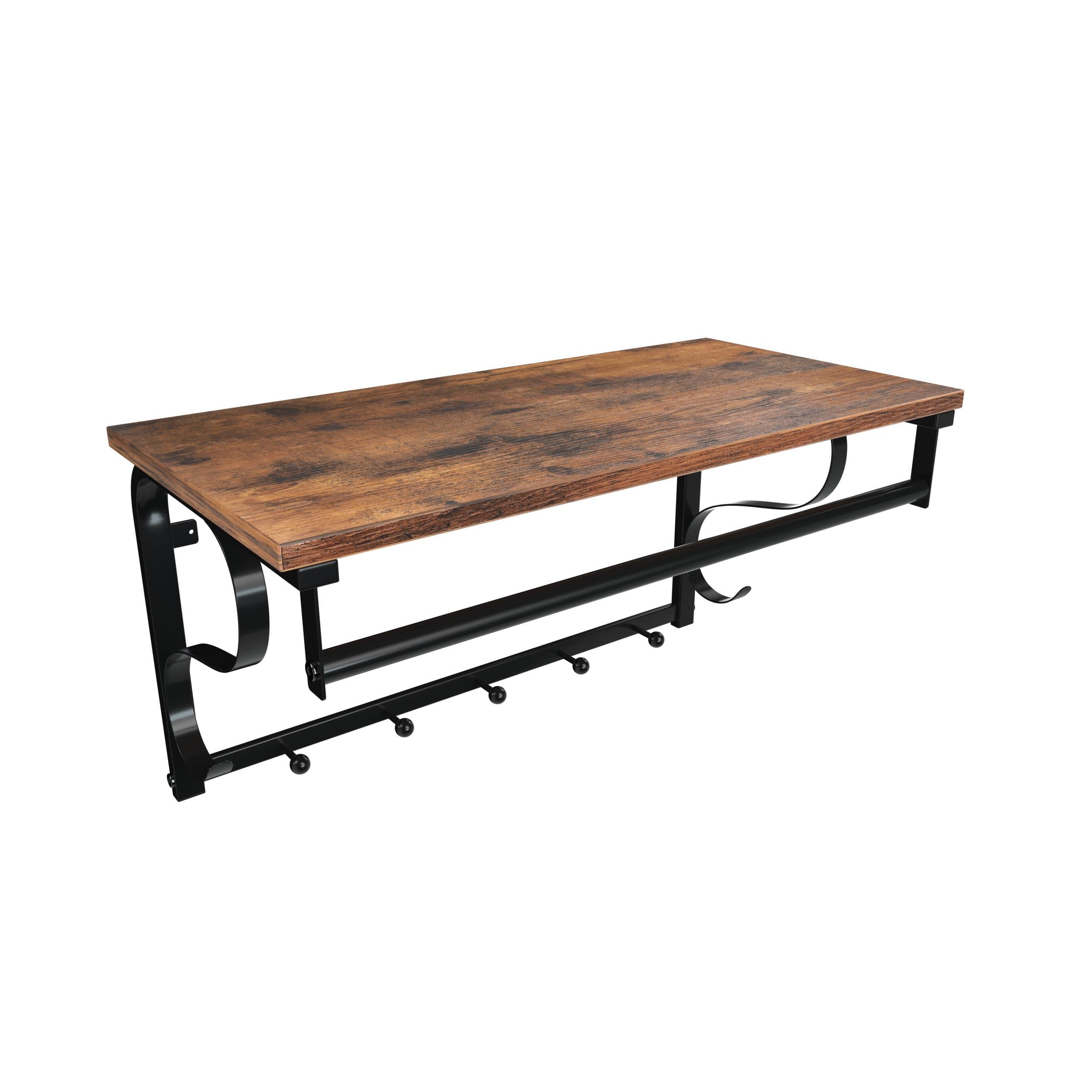 Coat Rack Wall Mount, Wall Hooks with Shelf, Hanging Rail, 5 Hooks, for Entryway, Bathroom, Laundry Room, Rustic Brown and Black ULCR11BX