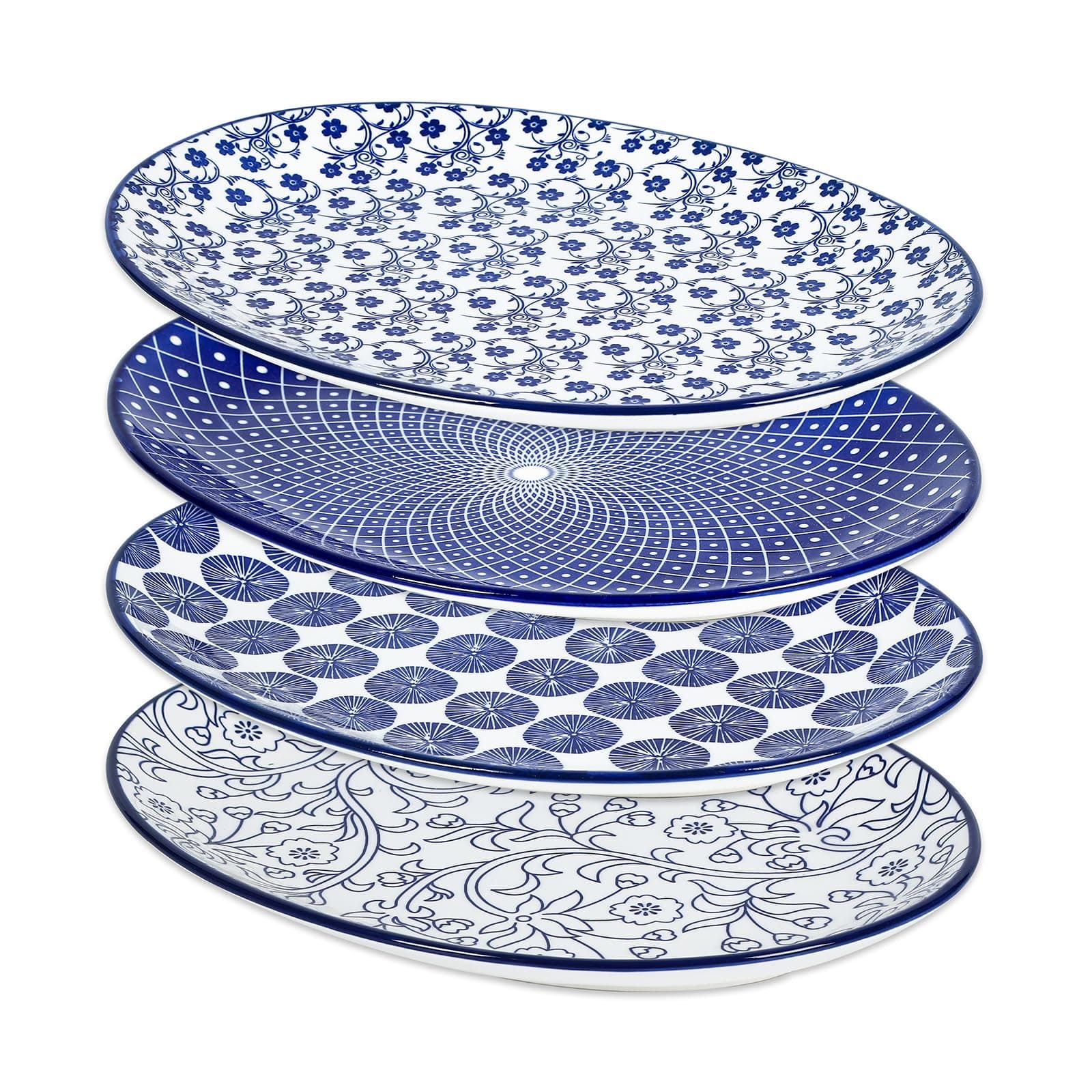 Selamica Serving Platter, 14 Inch Large Serving Dishes for Entertaining, Oval Ceramic Serving Trays for Party, Steak, Cake, Dinner, Fruit, Oven Safe, Microwave Safe, Set of 4, Vintage Blue