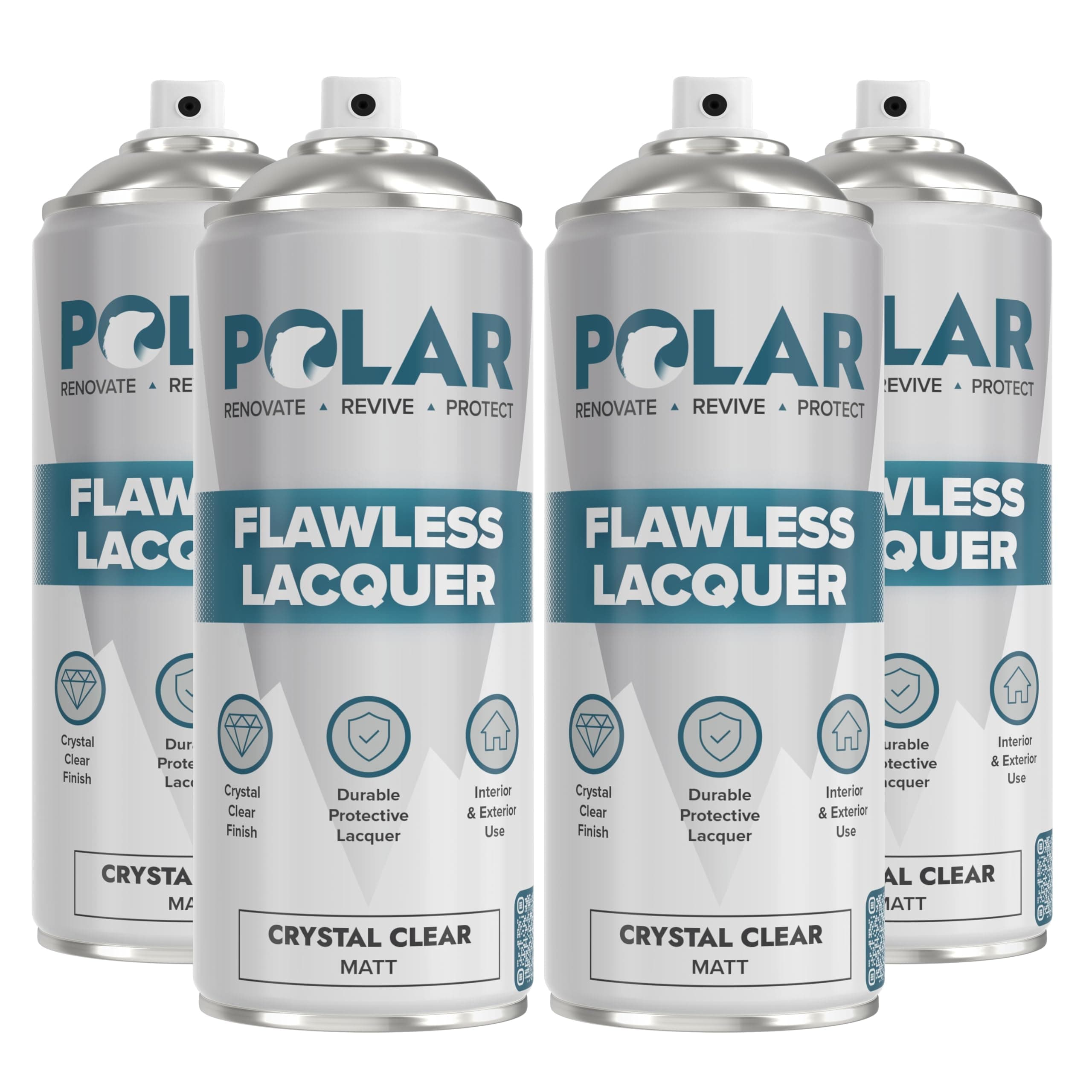 Polar Flawless Lacquer Spray - 4x400ml, Clear - Protective Coating for Wood, Ceramic, Glass, Plastic & Metal - Scratch Resistant & UV Protection - Primer for DIY, Interior & Exterior - Matt Finish