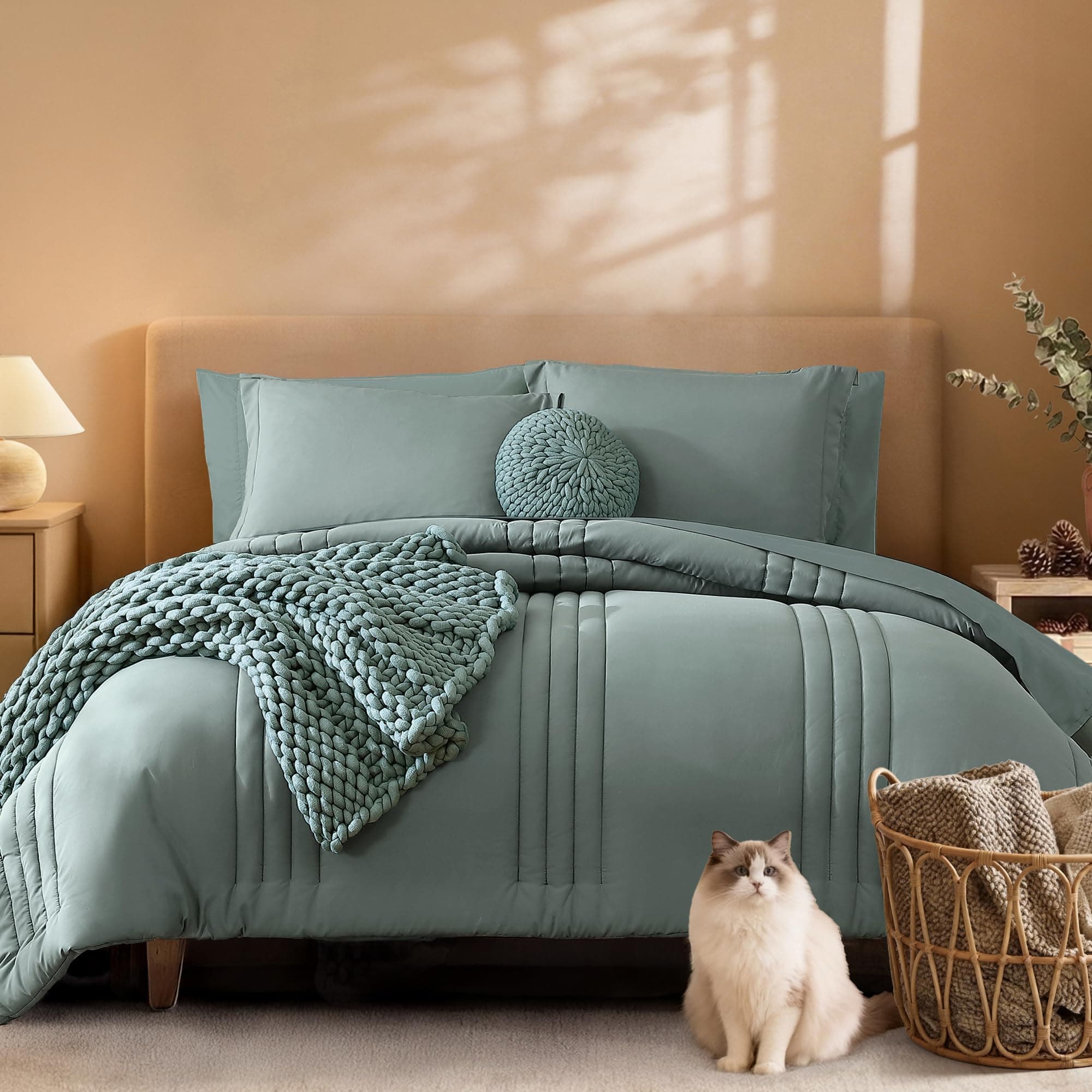 Monbix Queen Comforter Set - 7 Pieces Sage Green Bed in a Bag Queen Bedding Sets with Comforters, All Seasons Comforter Bed Set with Sheets,Pillowcases & Shams