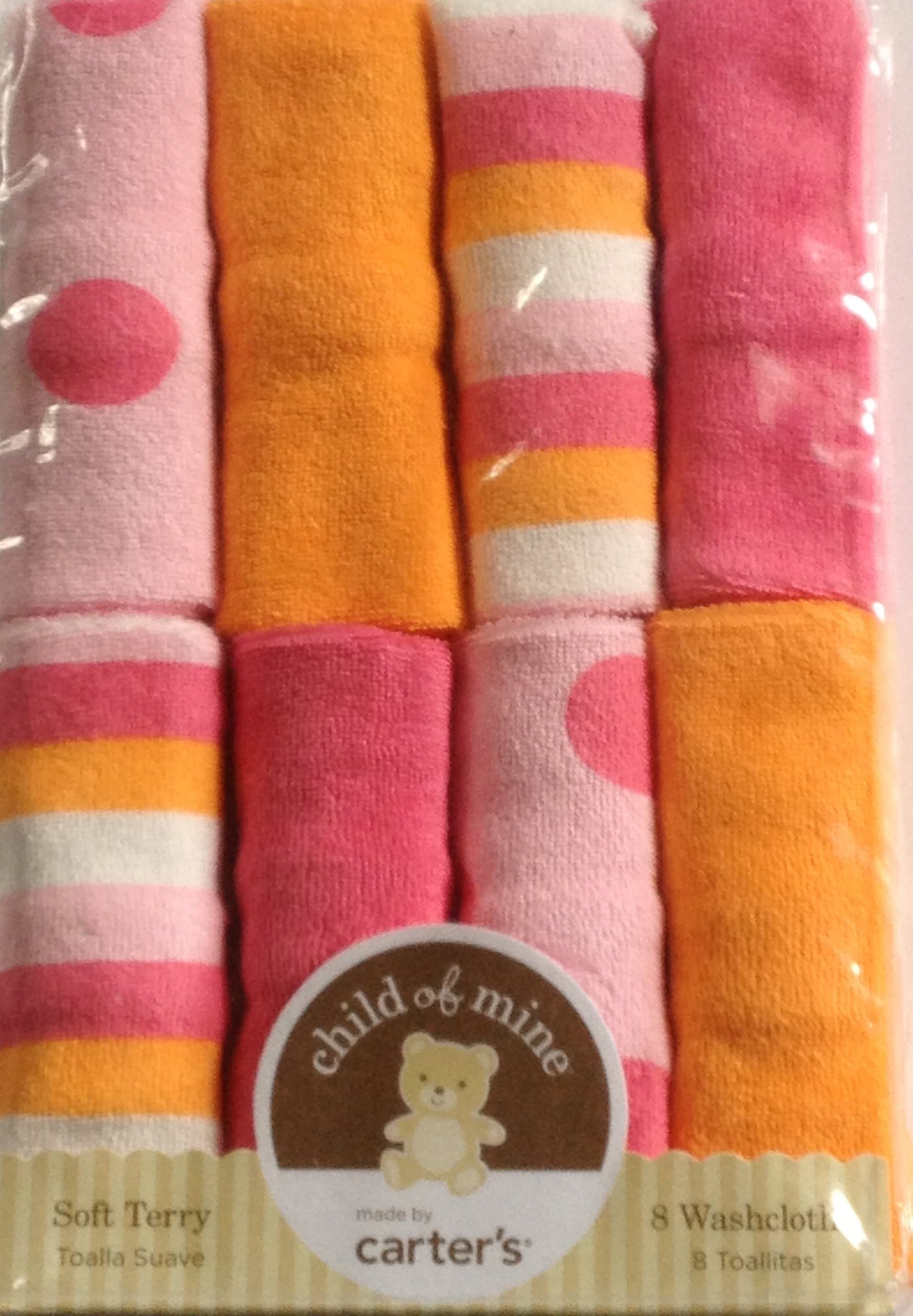 Carters Child of Mine Pink Orange Multi Dot Stripe Baby Newborn Washcloths, Girl, 8-Pack