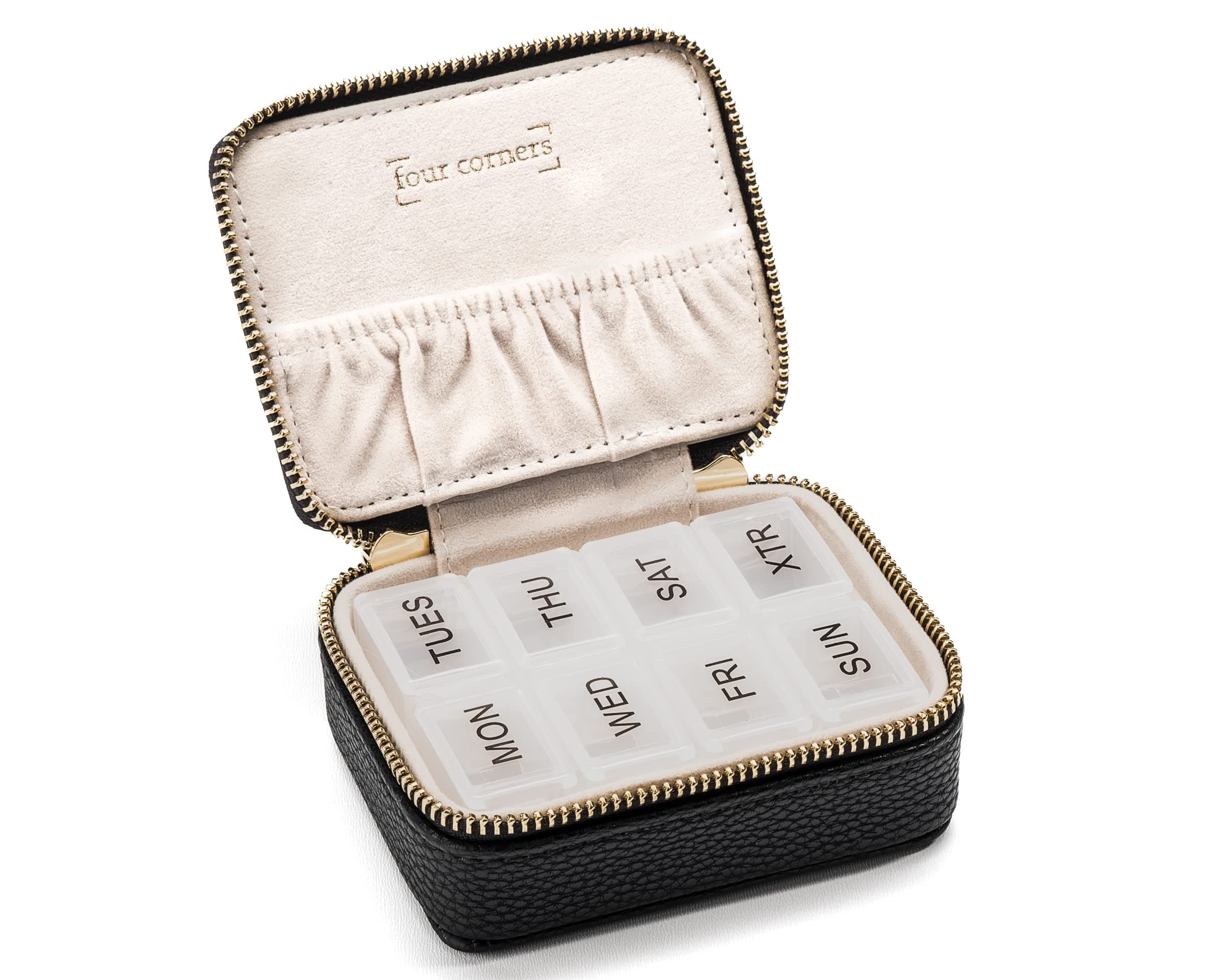 Weekly Pill Organizer 7 Day – Travel Pill Case for Vitamins & Medication, Premium Vegan Leather Pill Box with Removable Daily Compartments, Portable Supplement Organizer with Secure Zipper (Black)