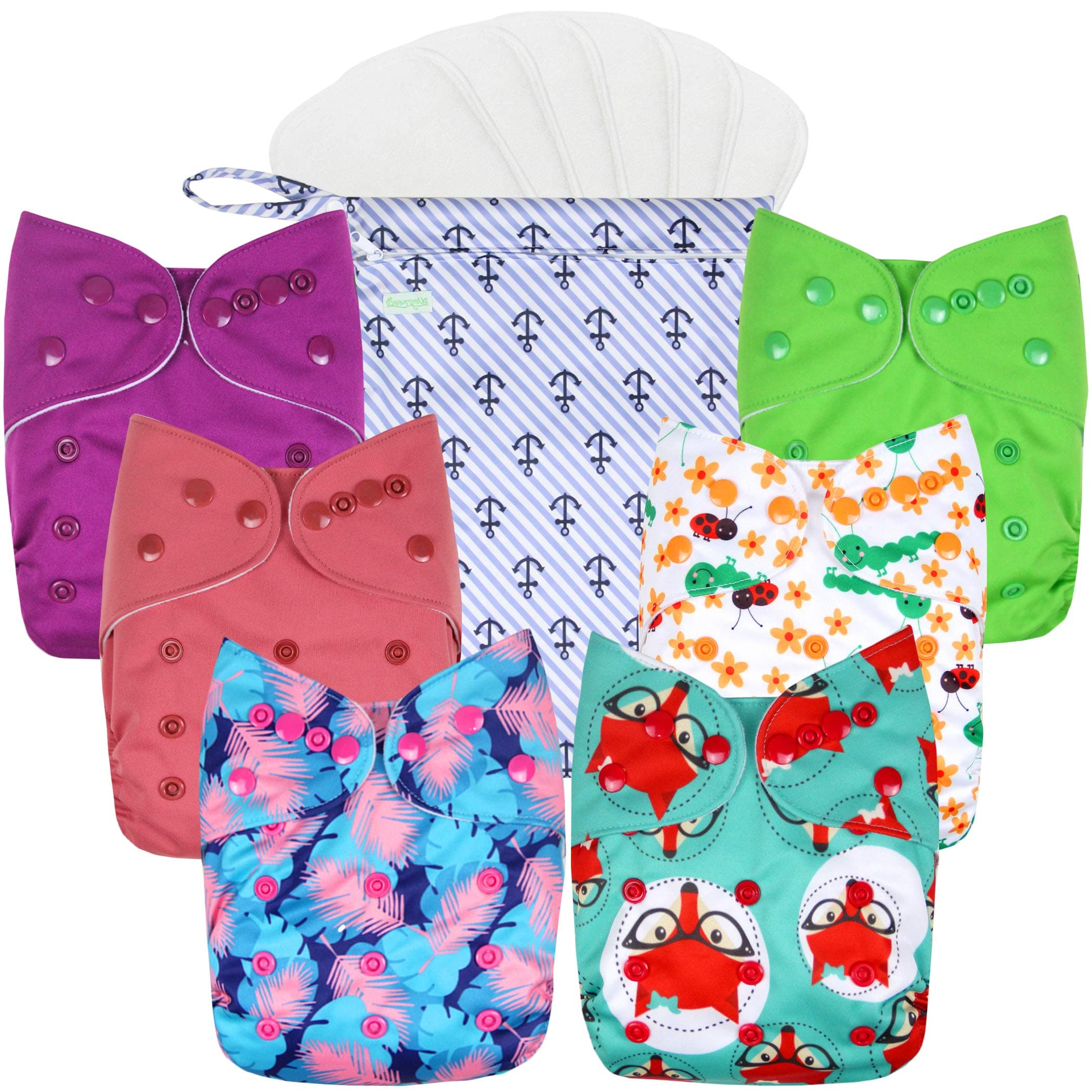 wegreeco Cloth Diapers 6 Pack with 6 Inserts, Washable Cloth Diapers for Babies, One Size Adjustable Reusable (Girl Prints + 1 Wet Bag)