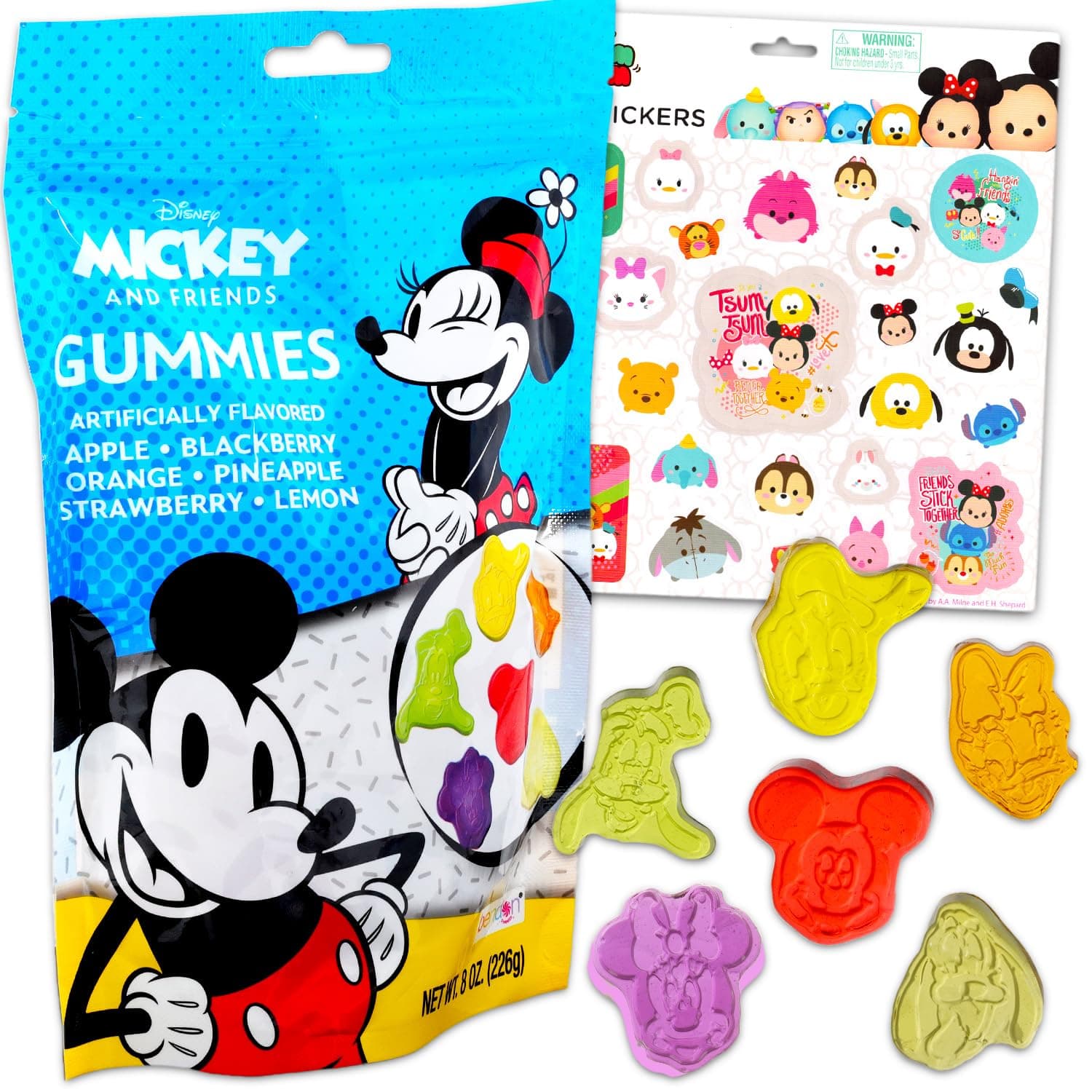 Mickey and Friends Assorted Fruit Gummies (8 Oz) - Pantry Birthday Party Favors Fruit Gummy Candy Snack Pack Bundle with Disney Character Sweet Treats, Stickers | Kids Snacks for School Lunch