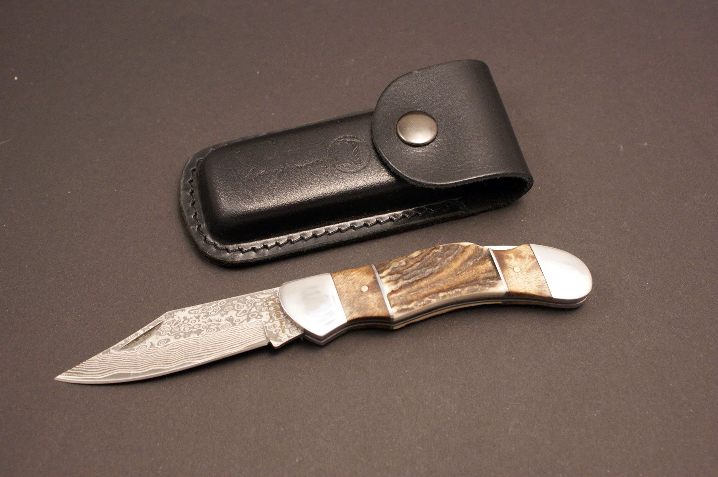 White Owl Folder - Japanese Damascus Steel , with leather case