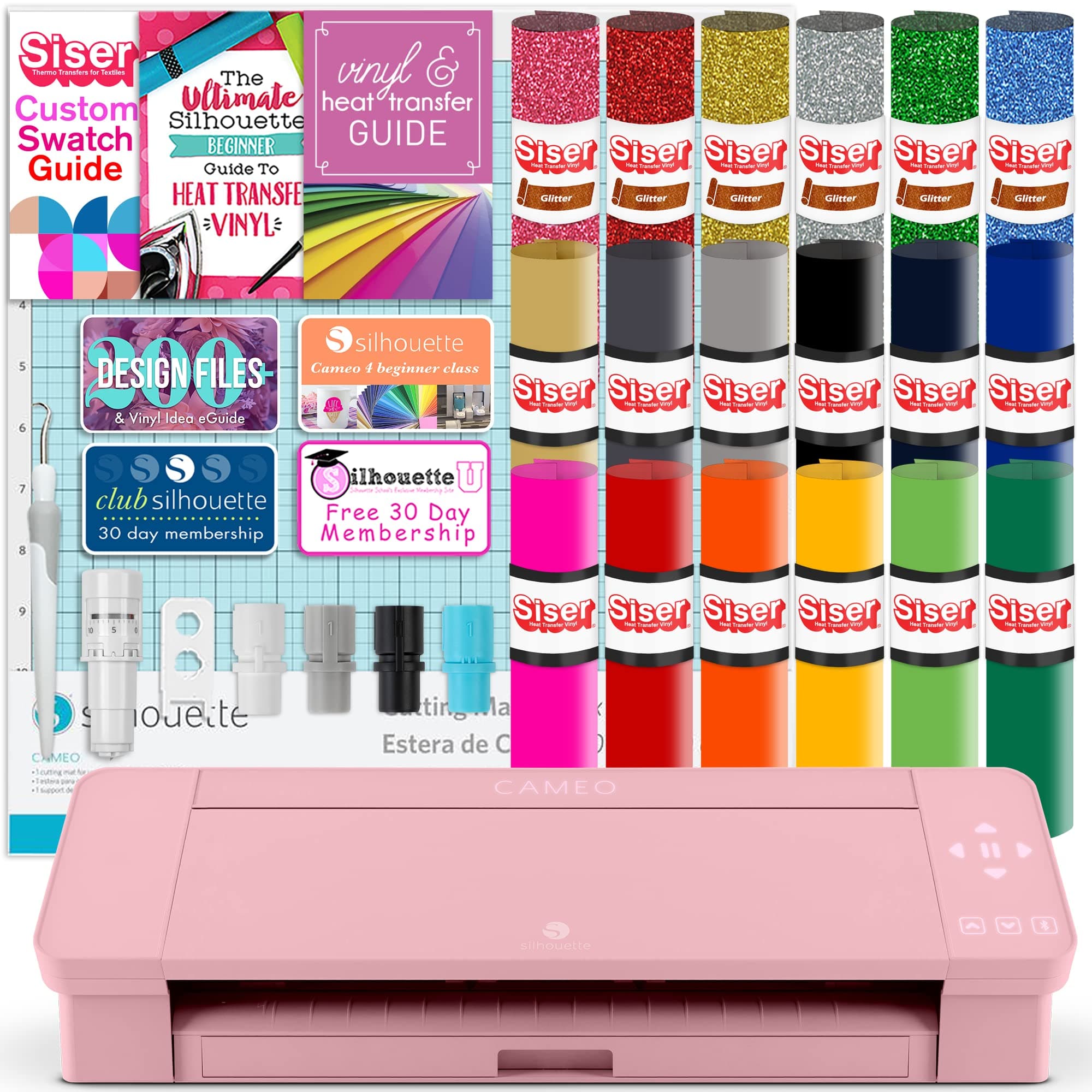 Silhouette Cameo 5 Pink 12in Vinyl Cutter Bundle with Roll Feeder, Deluxe Blade Pack, Premium Vinyl, Tools, Designs, Guides, How To's, and More