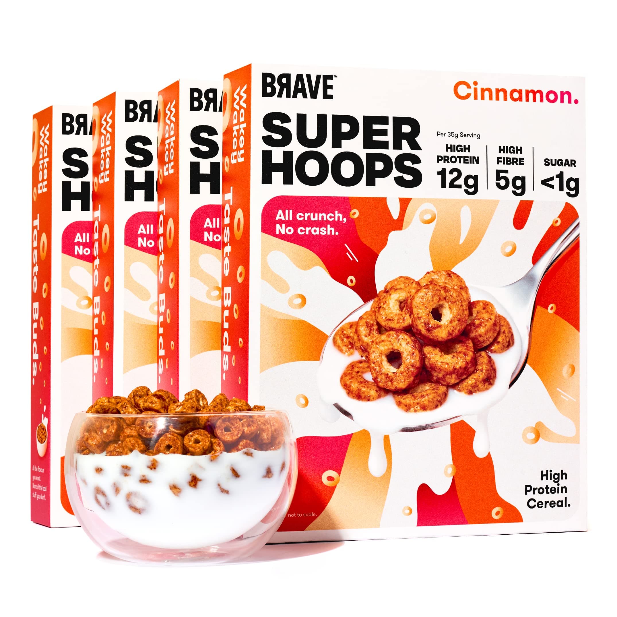 BRAVE Super Hoops Cinnamon - Healthy Breakfast Cereal - High Protein & High Fibre - No Sugar & Low Carb - Vegan - 12g of Protein Per Serving - 4 Boxes (245g each)