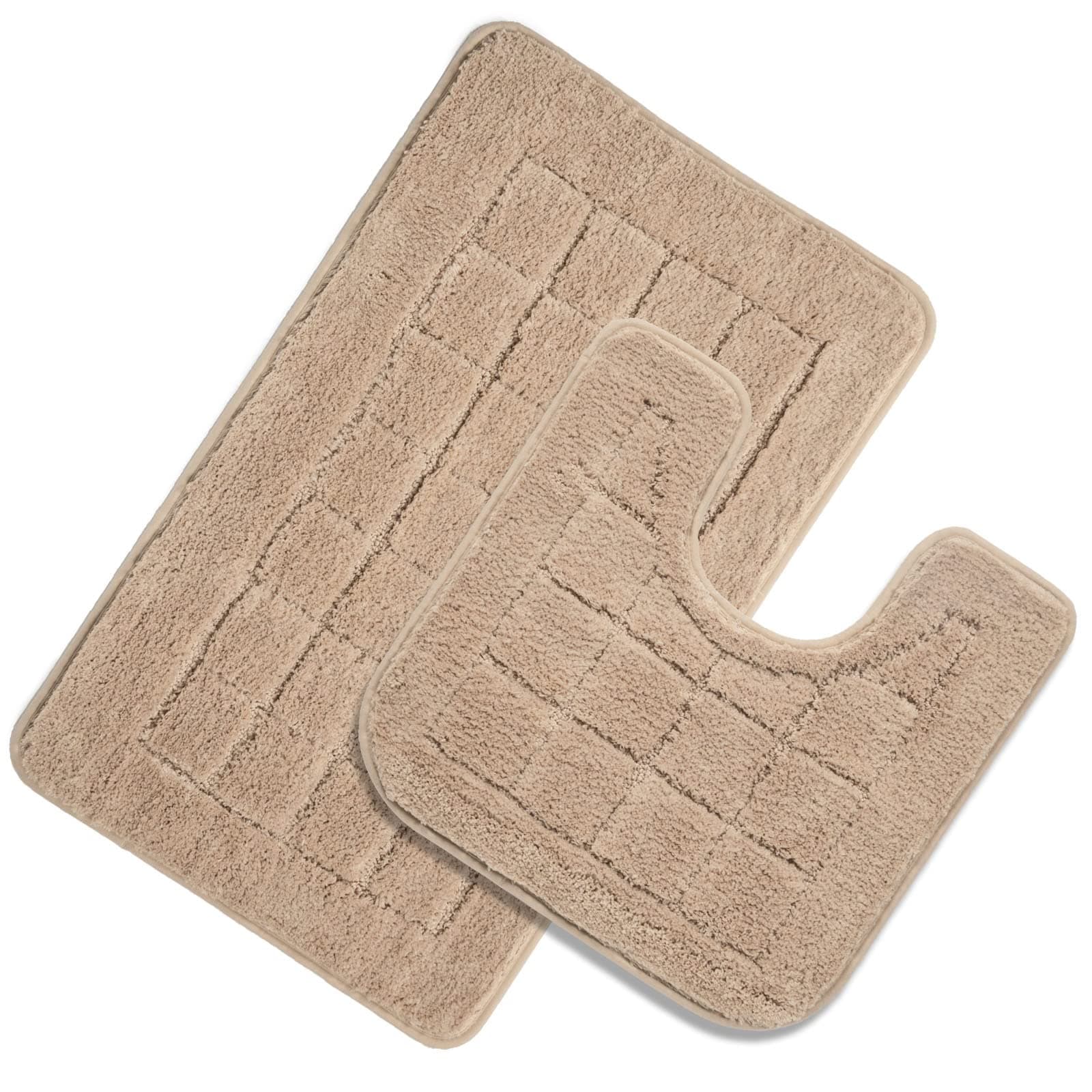 Bath Rug Set 2 Piece Beige Non Slip Bathroom Contour Rug Combo Microfiber Bath Shower Mat and U-Shaped Toilet Rug Machine Washable(21"x34"+20"x20")