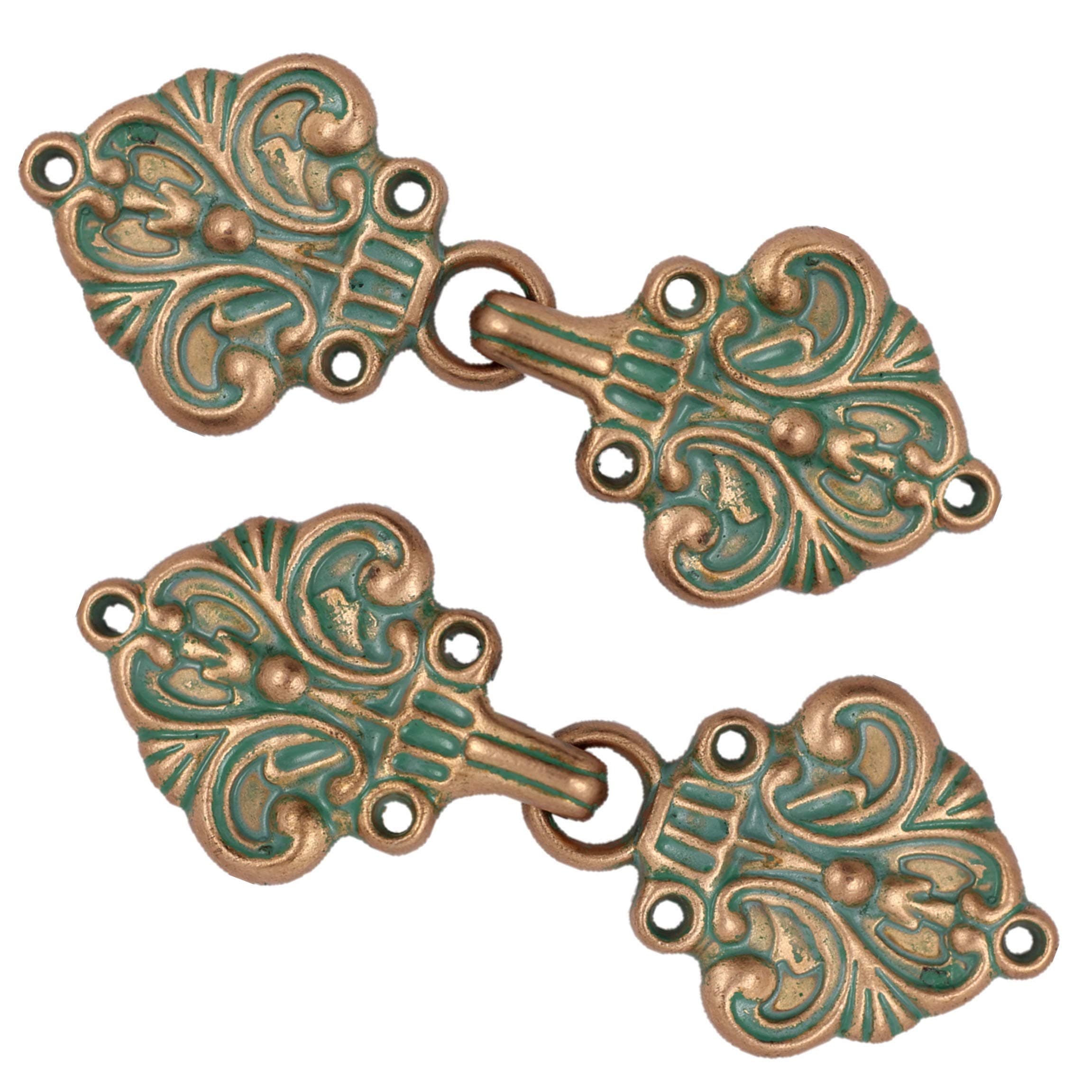 bezelryBezelry Fleur De Lis Hook and Eye Cloak Clasp Fasteners Pack of 4 Pairs 70mm x 26mm Fastened. (Copper Green)
