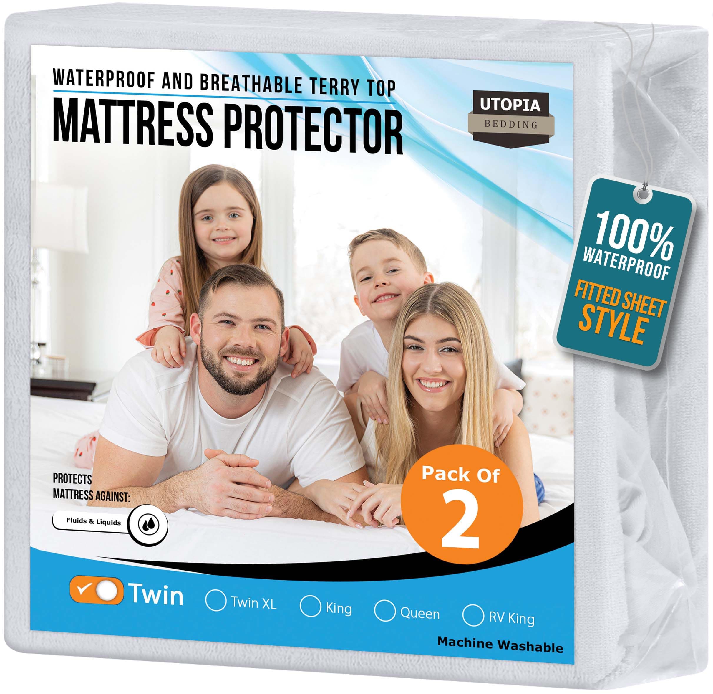 Utopia Bedding Waterproof Mattress Protector Twin Size (Pack of 2), Premium Terry Mattress Cover 200 GSM, Breathable, Fitted Style with Stretchable Pockets (White)