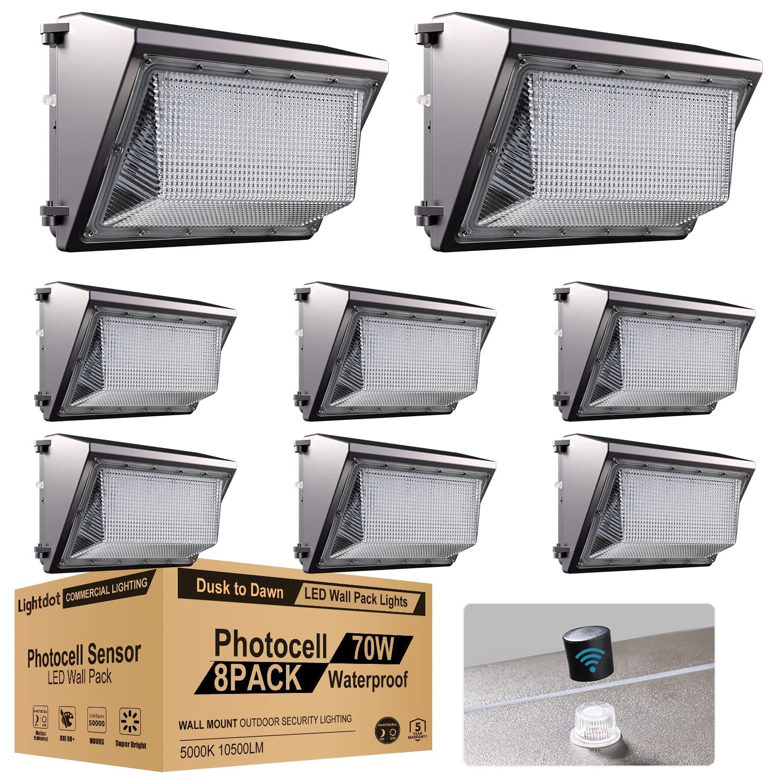 Lightdot 8Pack 150W LED Wall Pack Lights - 22500Lm(150Lm/W) Dusk-to-Dawn (100-277V) 5000K IP65 Outdoor Exterior Lighting Fixture for Warehouse/Parking Lots | 5-Yr Warranty, ETL(Height:10~20ft)