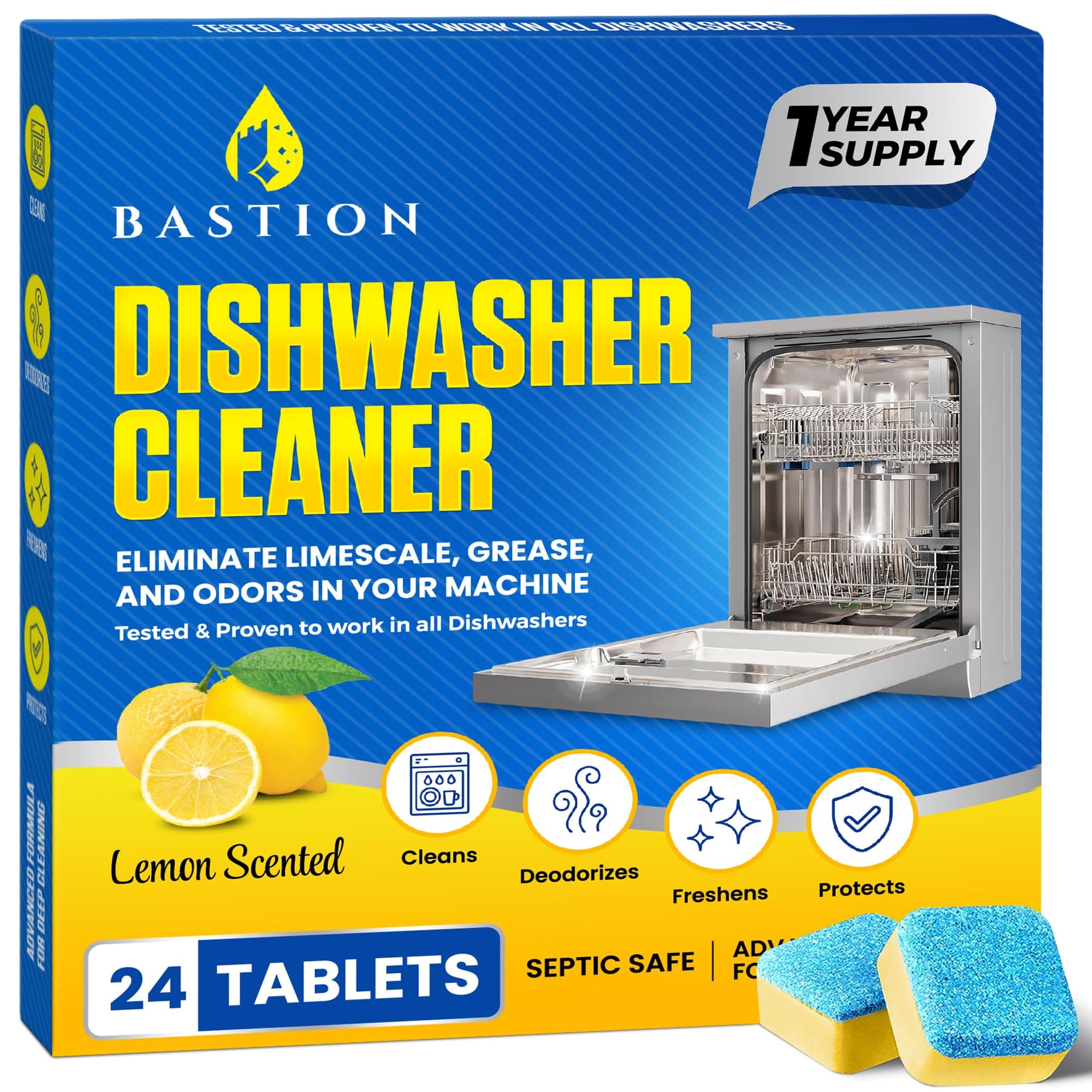 Dishwasher Cleaner Tablets - 24 Tablets (1-Year Supply) Lemon-Scented, Heavy Duty Cleaning Descaler Pods for Dish Washer, Deep Cleans & Maintains Your Dishwashing Machine for Optimal Performance