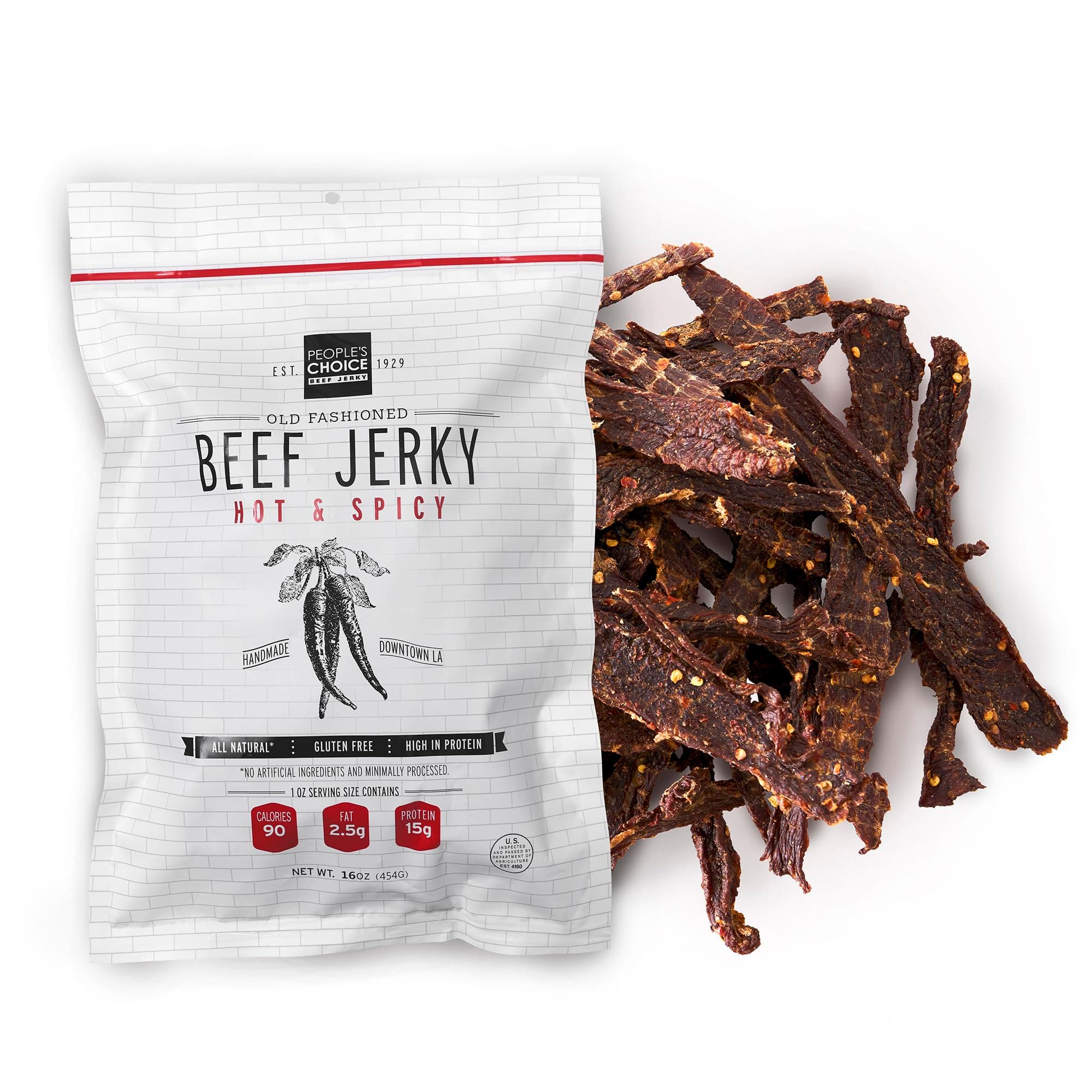 People’s Choice Beef Jerky – Old Fashioned – Hot & Spicy – Sugar Free, Zero Carb, 15g Protein, Keto Friendly – Dry Texture – Made in USA – 1 Pound (16 oz) Bag