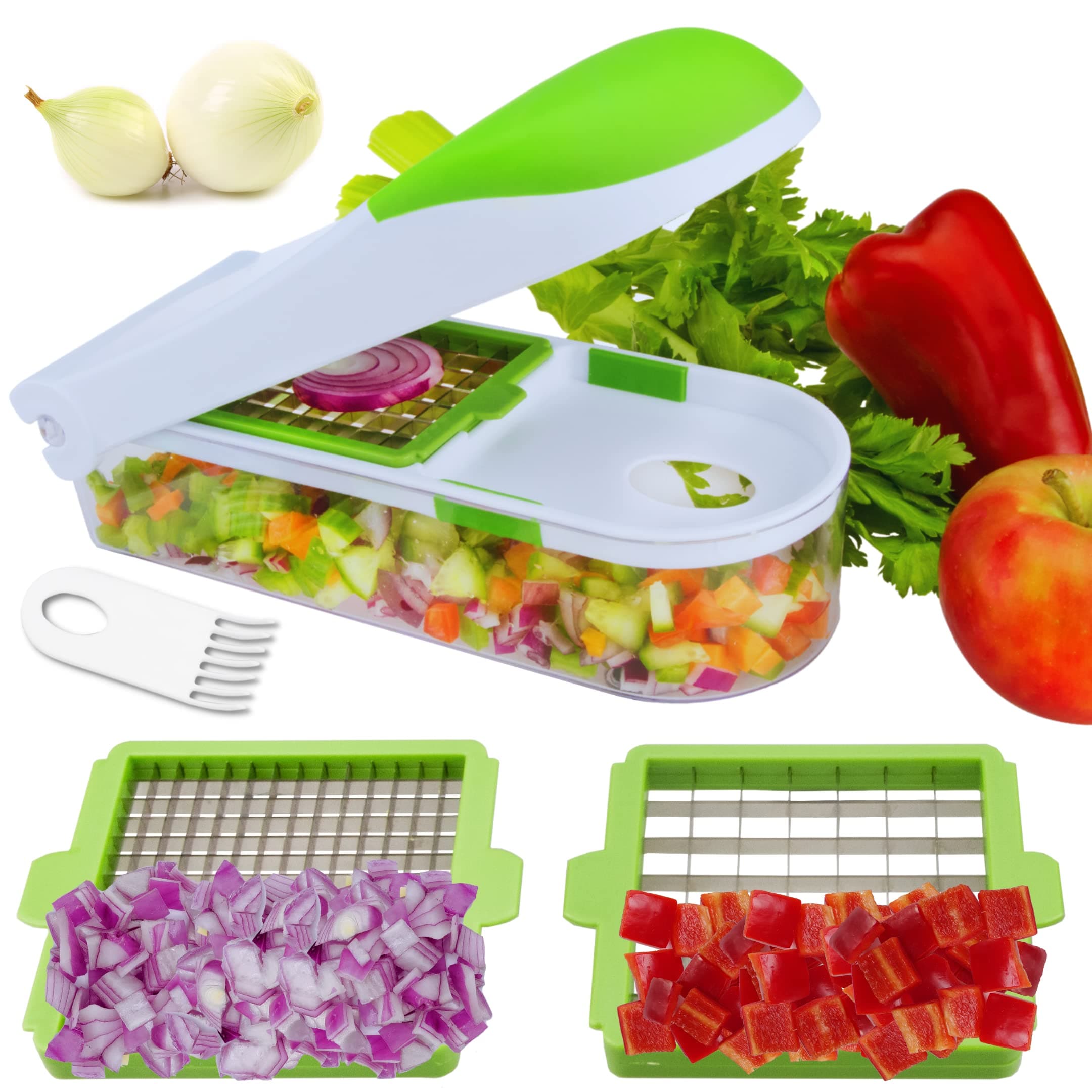 BrieftonsQuickPush Food Chopper (Classic): Kitchen Vegetable Fruit Dicer, Onion Tomato Potato Fries Cutter, with 2 Dicing Blades, 5 Bonus Recipe Ebooks