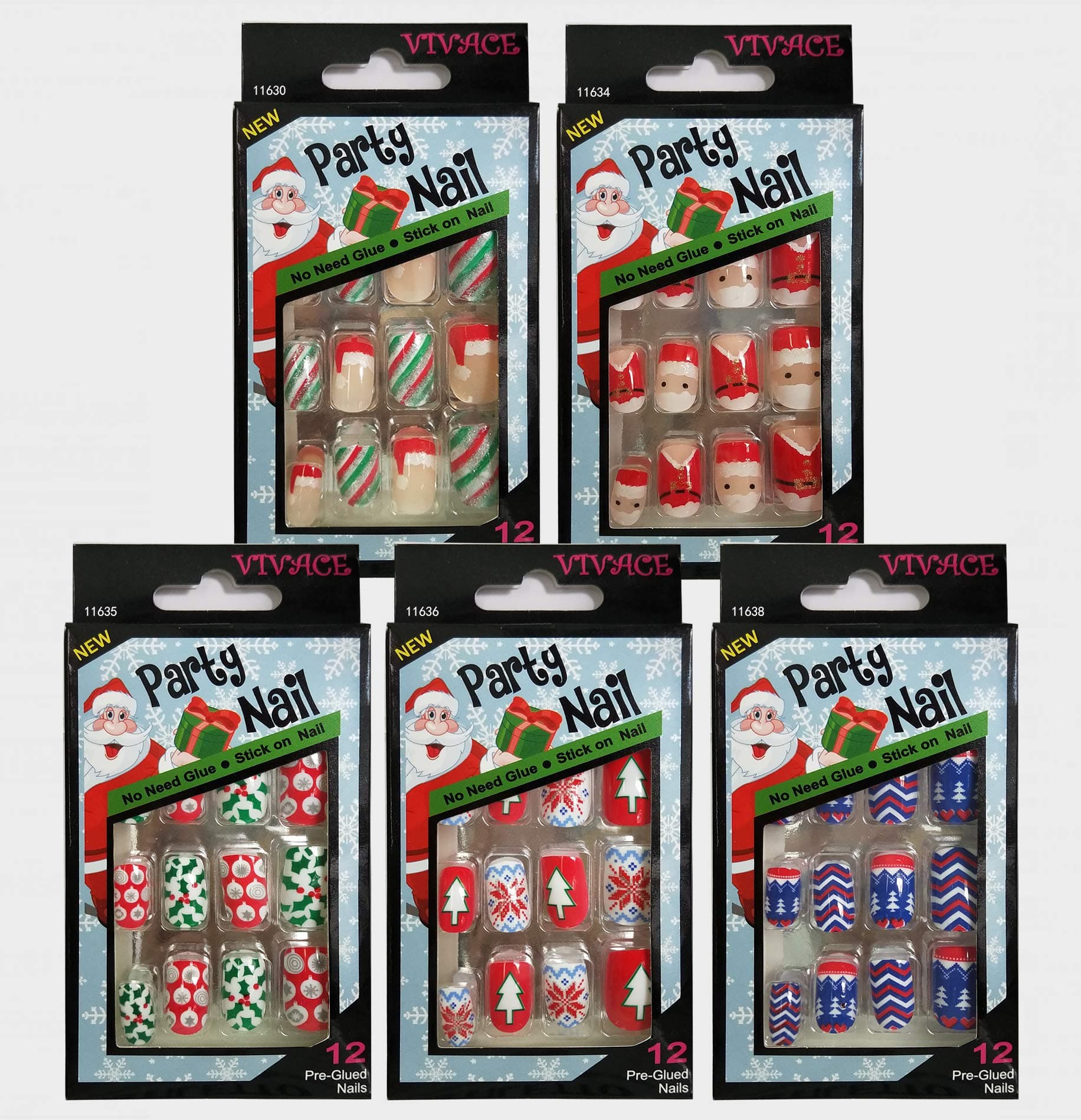 Vivace 5Pack 60Tips Press On Christmas Novelty Nails, Sticker Nails (Santa)
