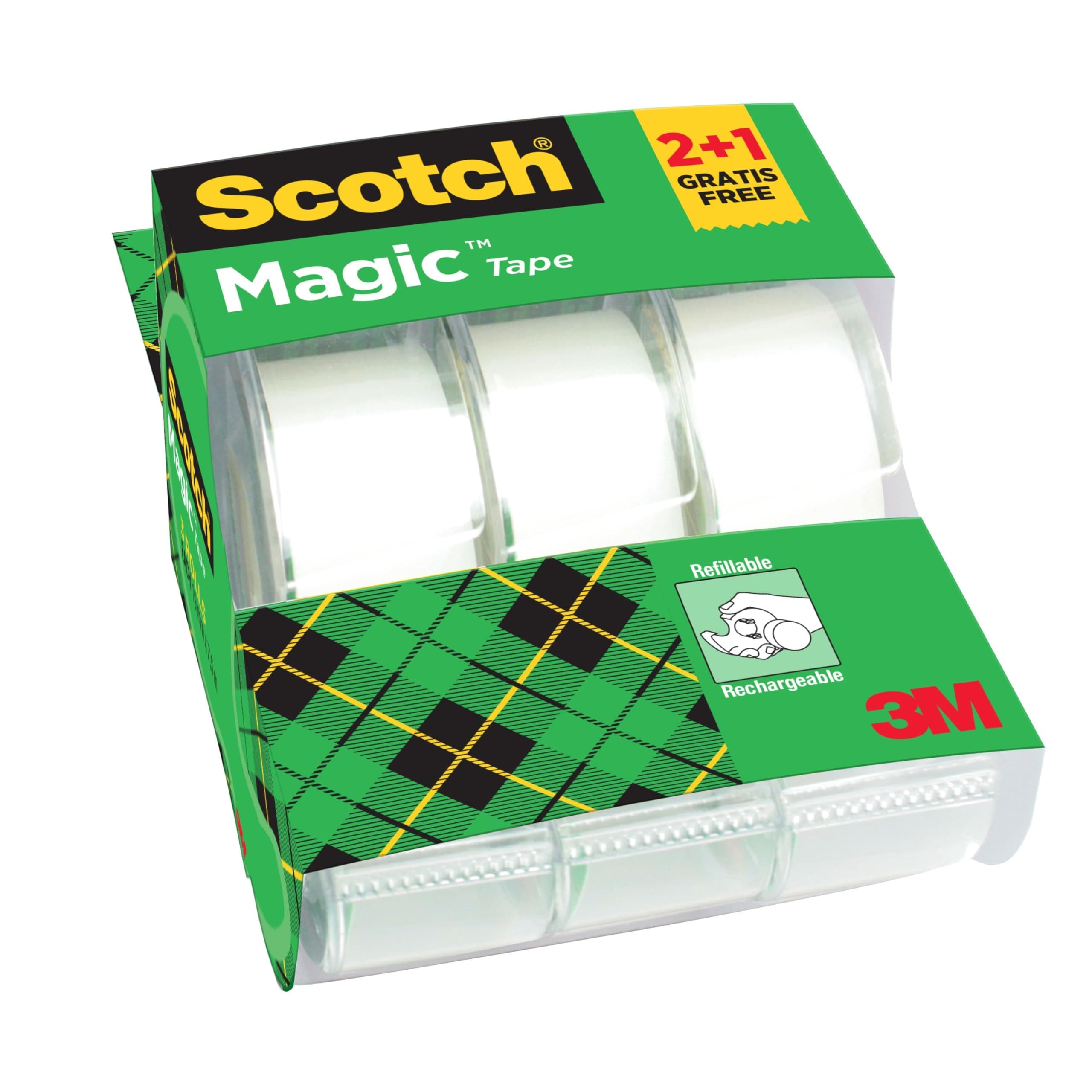 Scotch Magic Tape, Promo Pack, 2 Rolls on Handheld Dispenser + 1 FREE, 19 mm x 7.5 m - General Purpose Sticky Tape for Document Repair, Labelling & Sealing