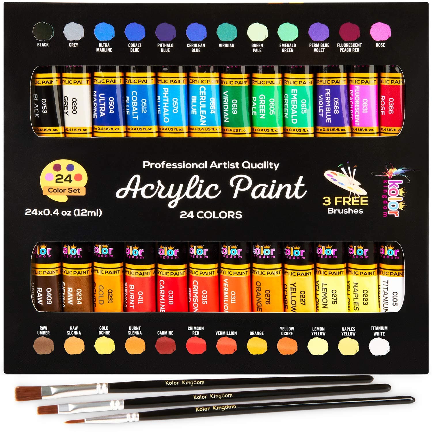 Acrylic Paint Set 24 Colours Canvas Paints Kit with 3 Paint Brushes for Crafts,Kids Paints, Paper, Rock Painting, Wood,Ceramic & Fabric Vibrant Colors (24 X 12ML)
