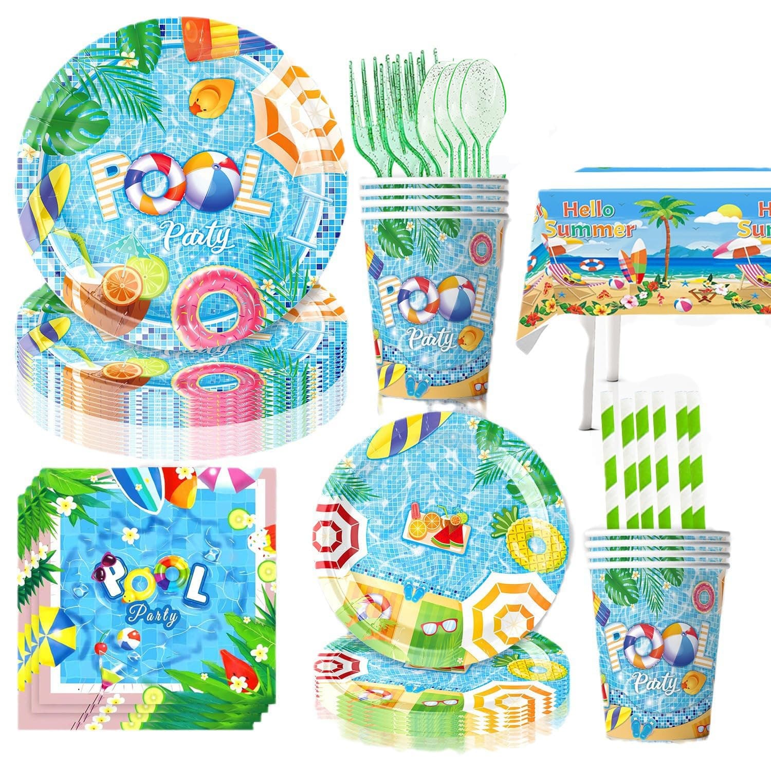 142PCS Pool Party and Beach Party Supplies Tableware Set,Beach Birthday,Baby Shower,Summer Birthday Party,Surf Theme Party for 20 Guests Pool Birthday Party Favors