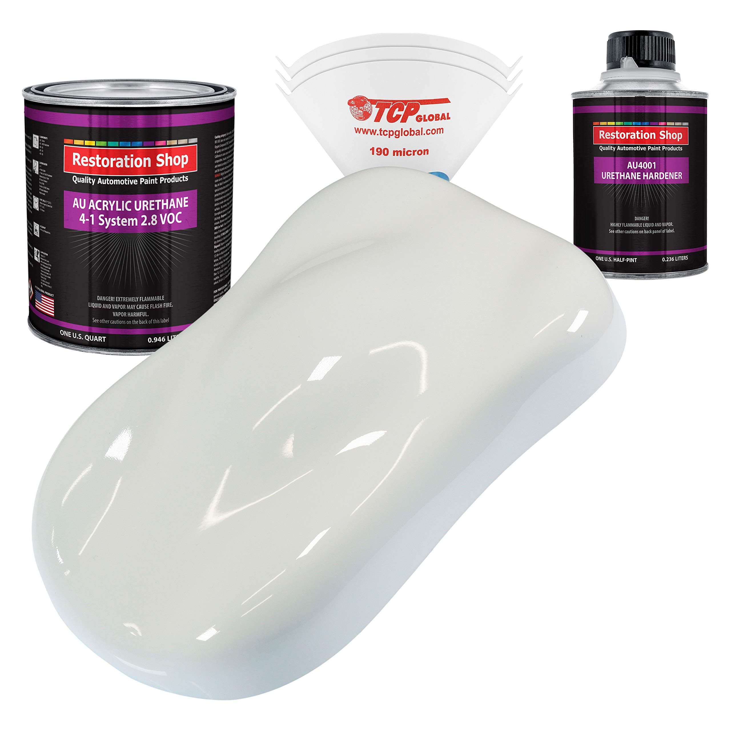 Restoration Shop - Pure White Acrylic Urethane Auto Paint - Complete Quart Paint Kit - Professional Single Stage High Gloss Automotive, Car, Truck Coating, 4:1 Mix Ratio, 2.8 VOC