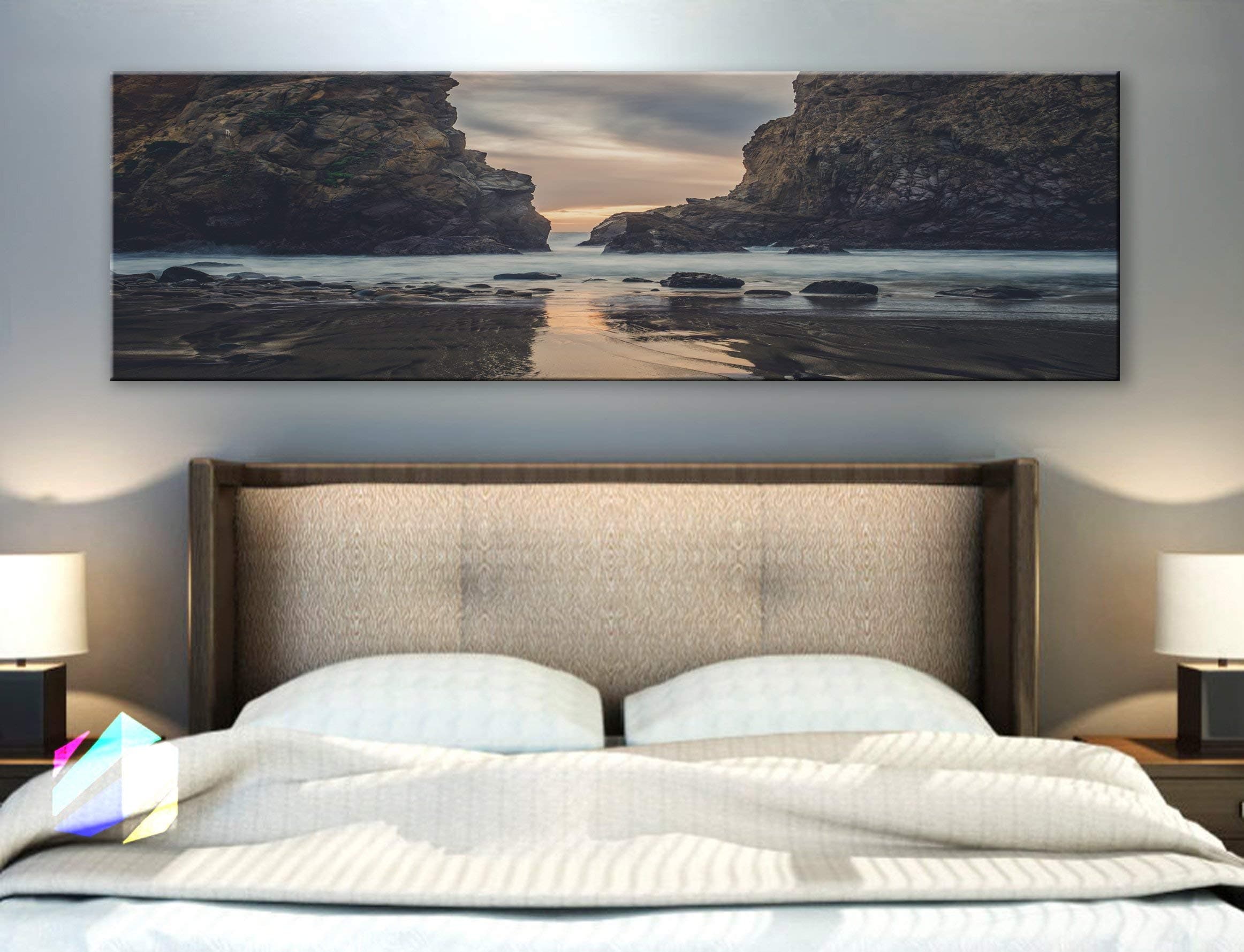 BoxColors - Single panel 3 Size Options Art Canvas Print lake landscape mountains beach nature panoramic reflection rocky scenic sunset Wall Home decor (framed 1.5" depth)