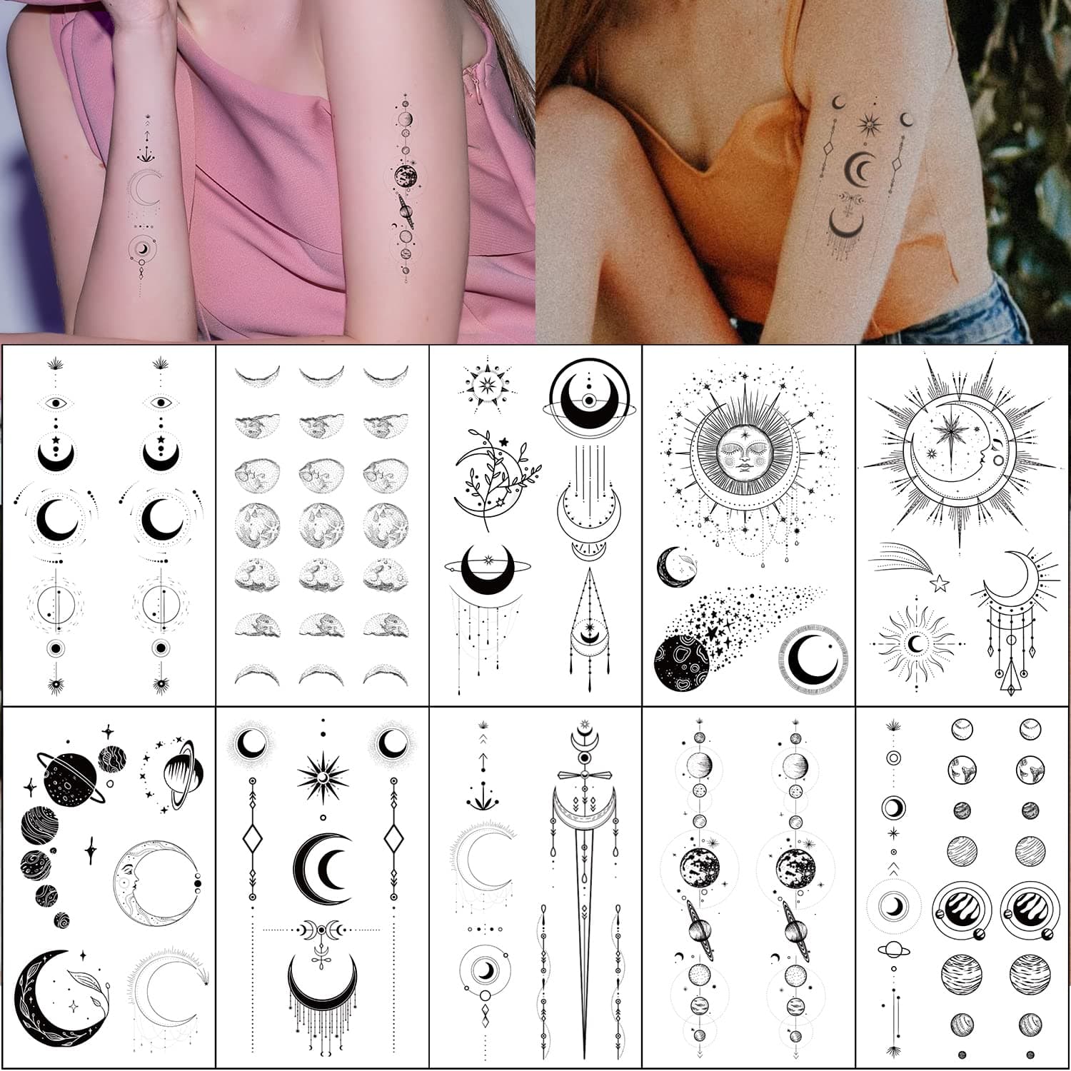 Realistic Moon Sun Stars Space Planets Chain Temporary Tattoos Vertical Spine Tattoo Stickers for Women Men