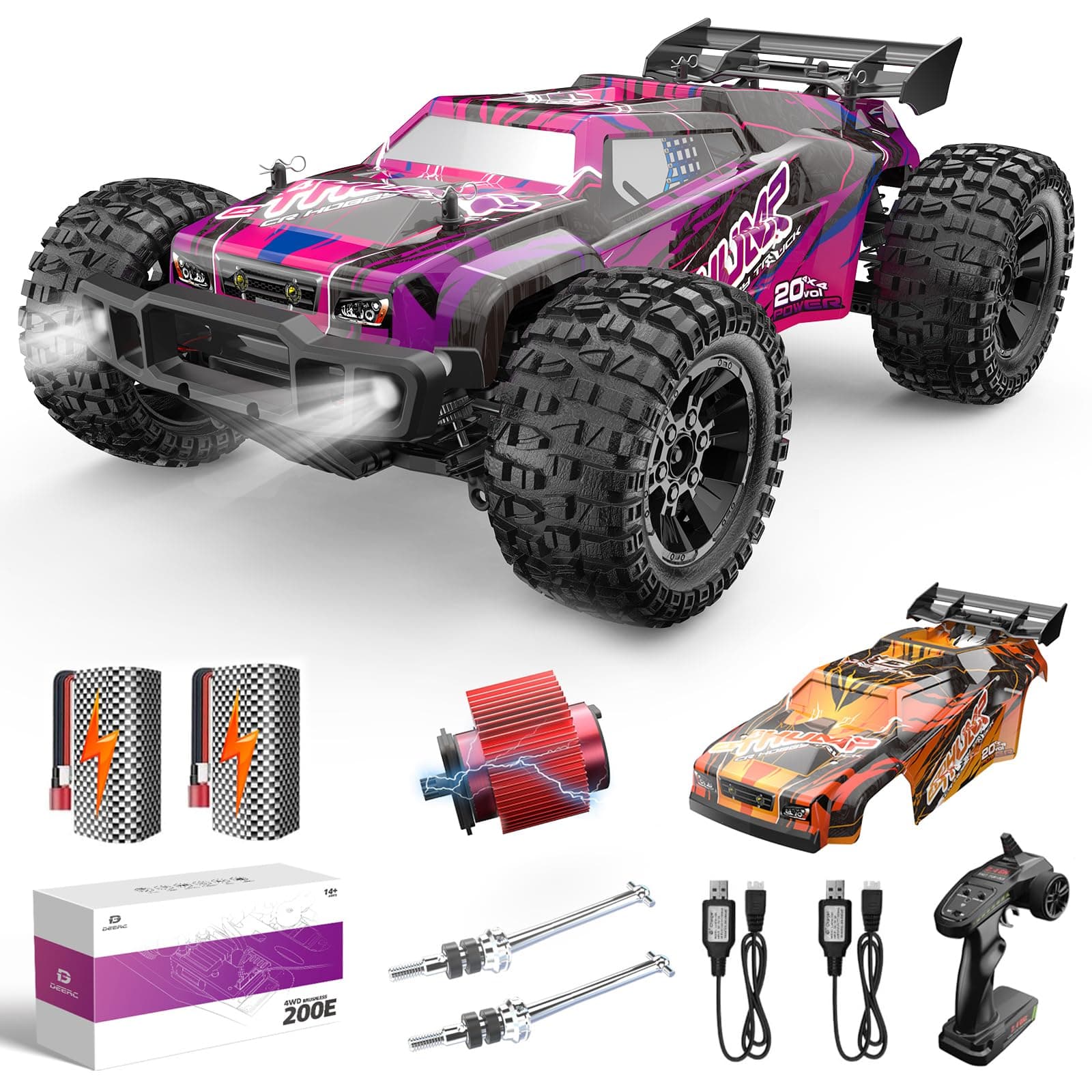 DEERC 200E 1:10 Large 3S Brushless High Speed RC Cars for Adults, 4X4 Fast RC Trucks W/Extra Shell LED Headlight, 60 KM/H, All Terrain Remote Control Car, Offroad Monster Truck for Boys,2 Battery