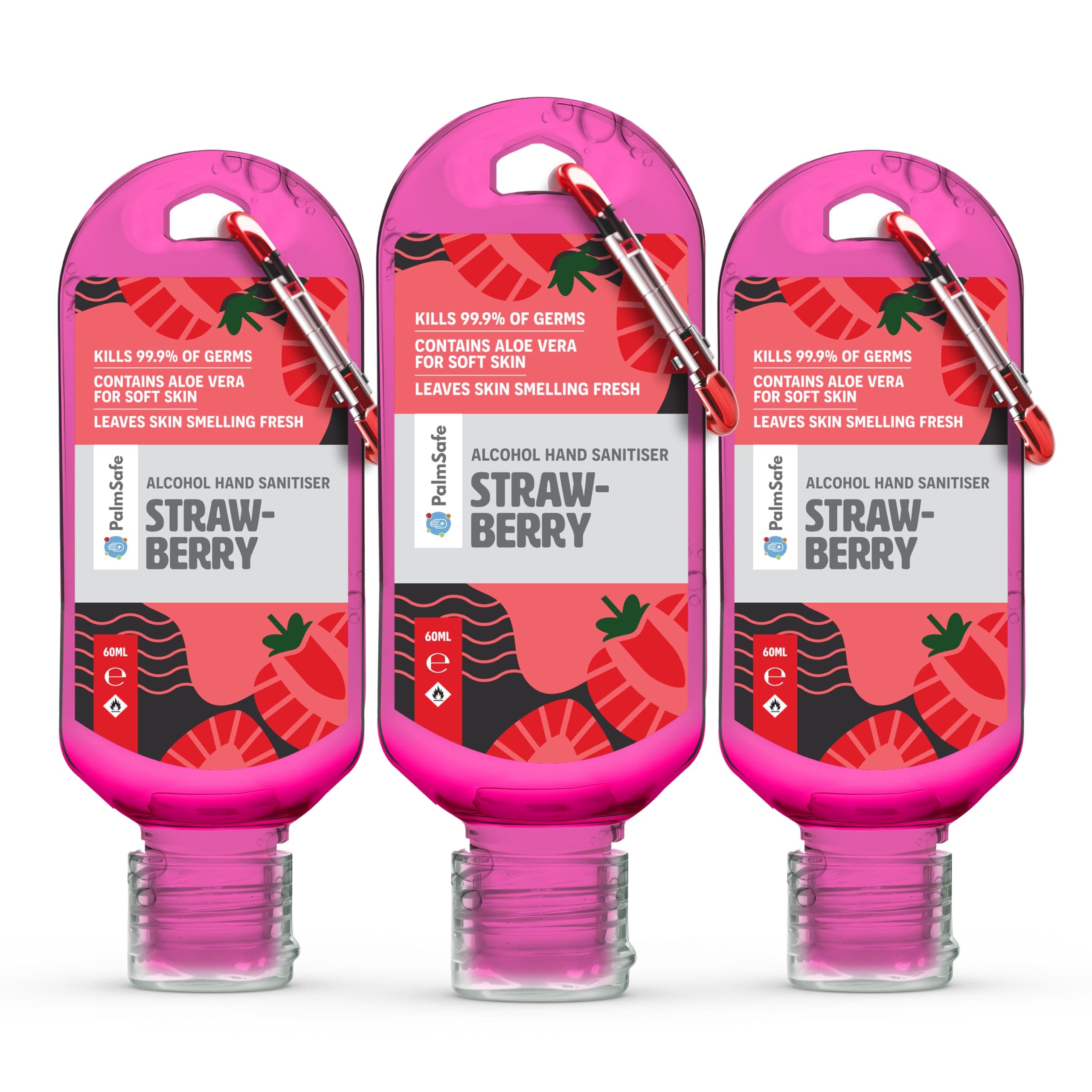 Palm Safe Strawberry 3 Pack 60ml Anti Bacterial Premium Hand Sanitiser Travel Size Refillable Clip Bottle Quick Drying Non Sticky Extra Moisturising Kills 99.9% of Viruses and Bacteria