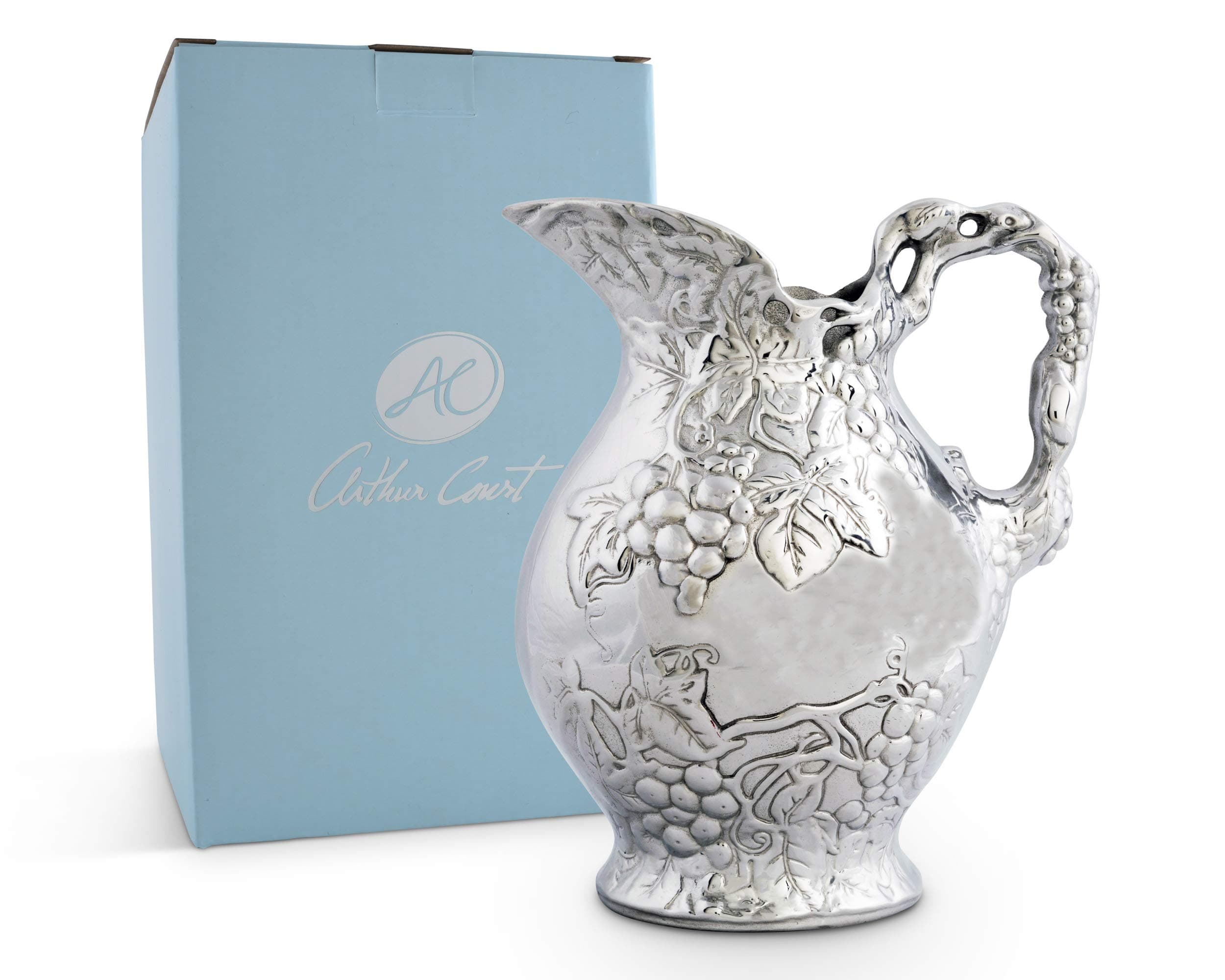 Arthur Court Metal Vineyard Pitcher Grape Pattern Sand Casted in Aluminum with Artisan Quality Hand Polished Design Tarnish Free Water Jug for Hot / Cold Water, Ice Tea and Juice Beverage 10 inch Tall
