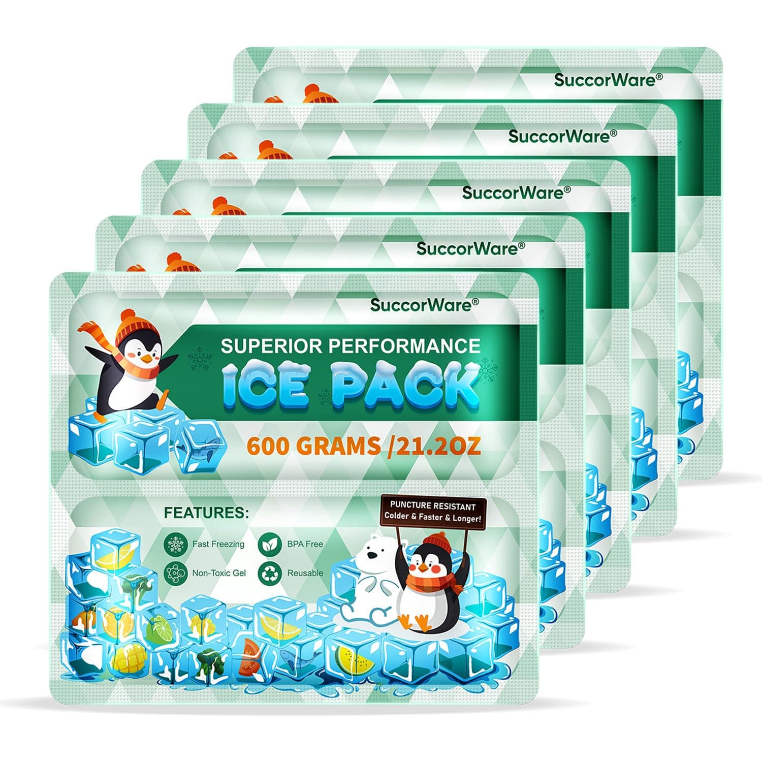 SuccorWare 5 Packs Reusable Ice Packs for Lunch Boxes - 12+ Hour Cooling Ice Gel Pack for Camping, Beach, Office - Ice Packs for Cooler Bag, Cooler Backpacks