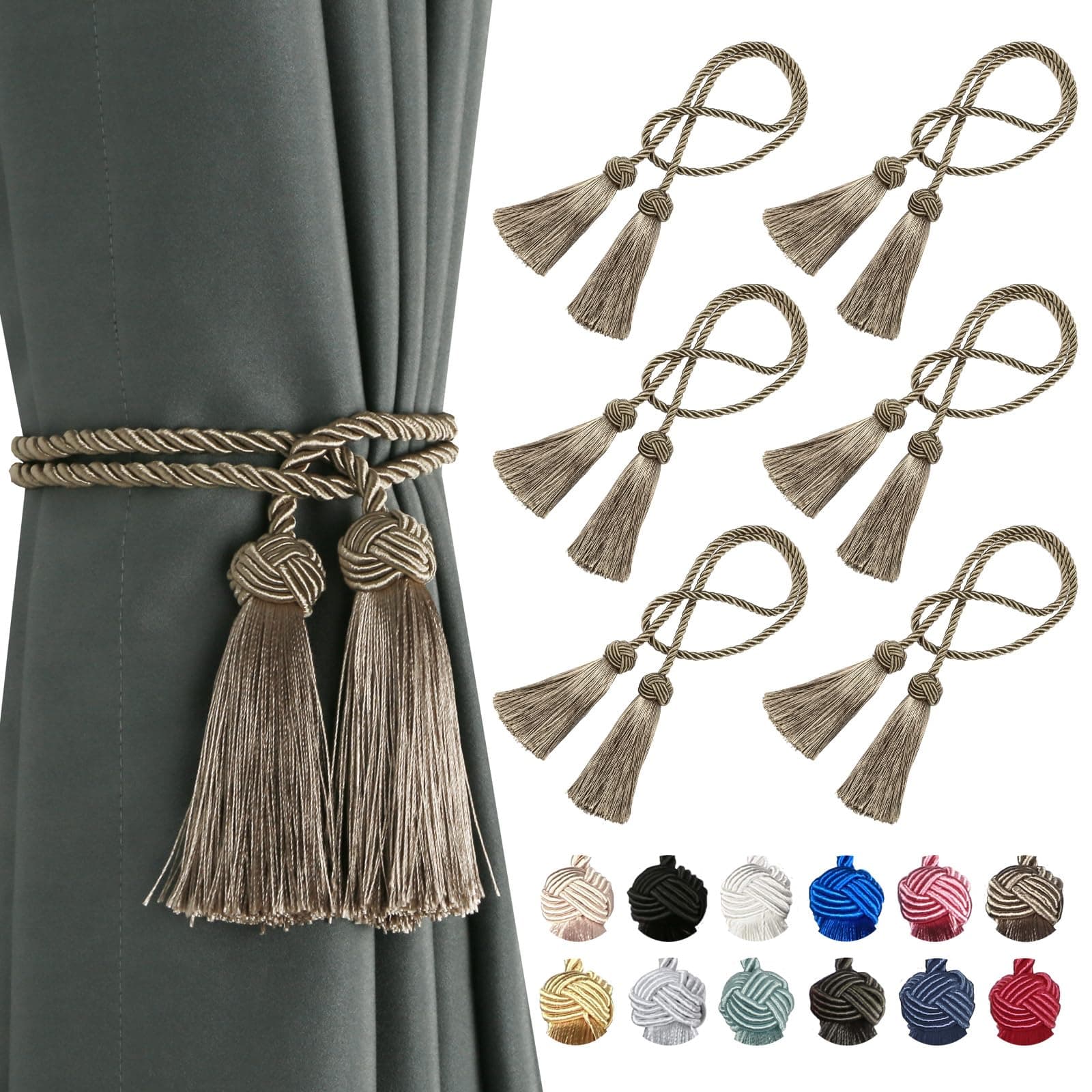 BEL AVENIR 4 Pack Curtain Handmade Tiebacks Decorative Curtain Holdbacks with Tassel… (Flaxen, 6 Pack)