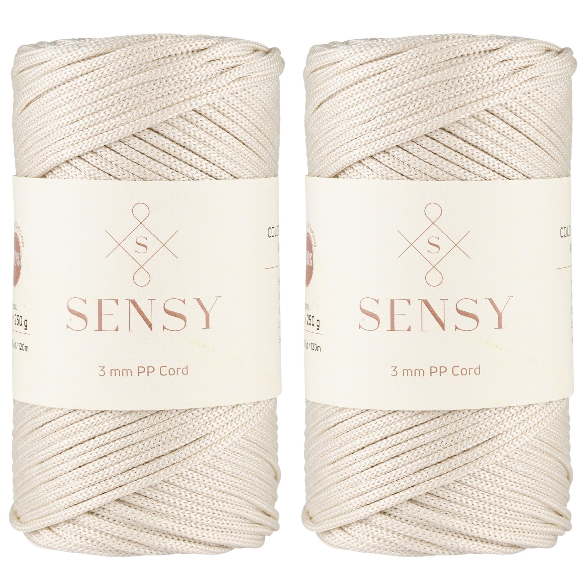 Sensy Premium 3mm 131 Yards Polyester Rope 100% Polypropylene Cord Macrame Cord 3mm Crochet Bag Cord Macrame Rope Crochet Thread Gift for Knitter (Ecru)
