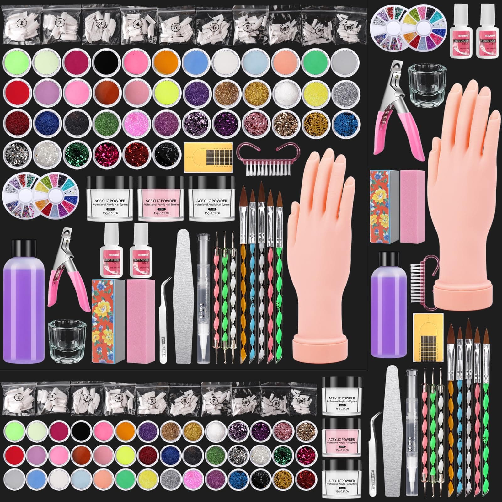 Practice Hand for Acrylic Nail Kit Professional Acrylic Set,Nail Hand Practice Acrylic Nail Powder Brush,Nail Manikin Hand Nail Art Tools DIY Acrylic Nail Starter Kit for Beginners
