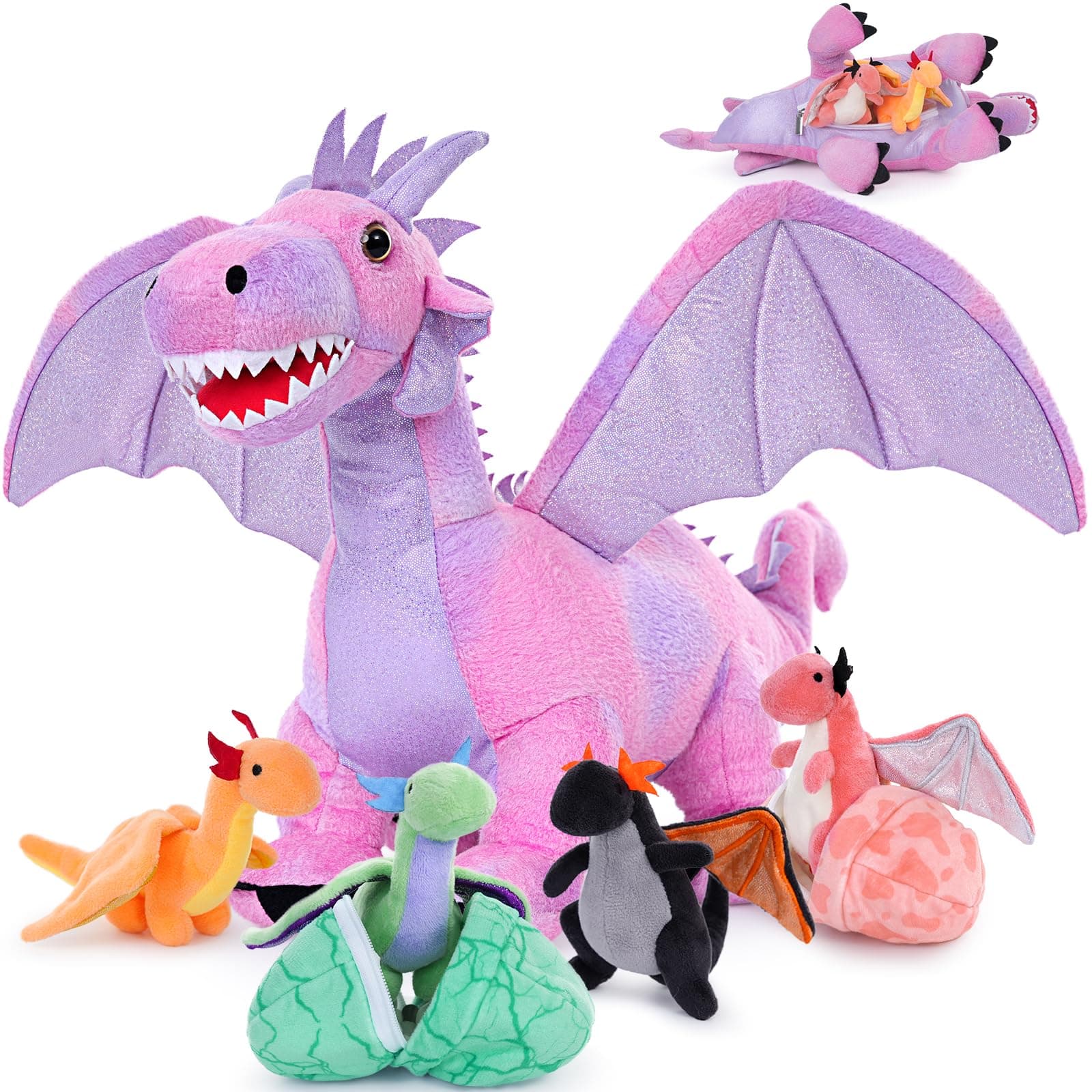 MorisMos Pink Dragon Teddy with Babies inside, Lifelike Dragons Plush Soft To...