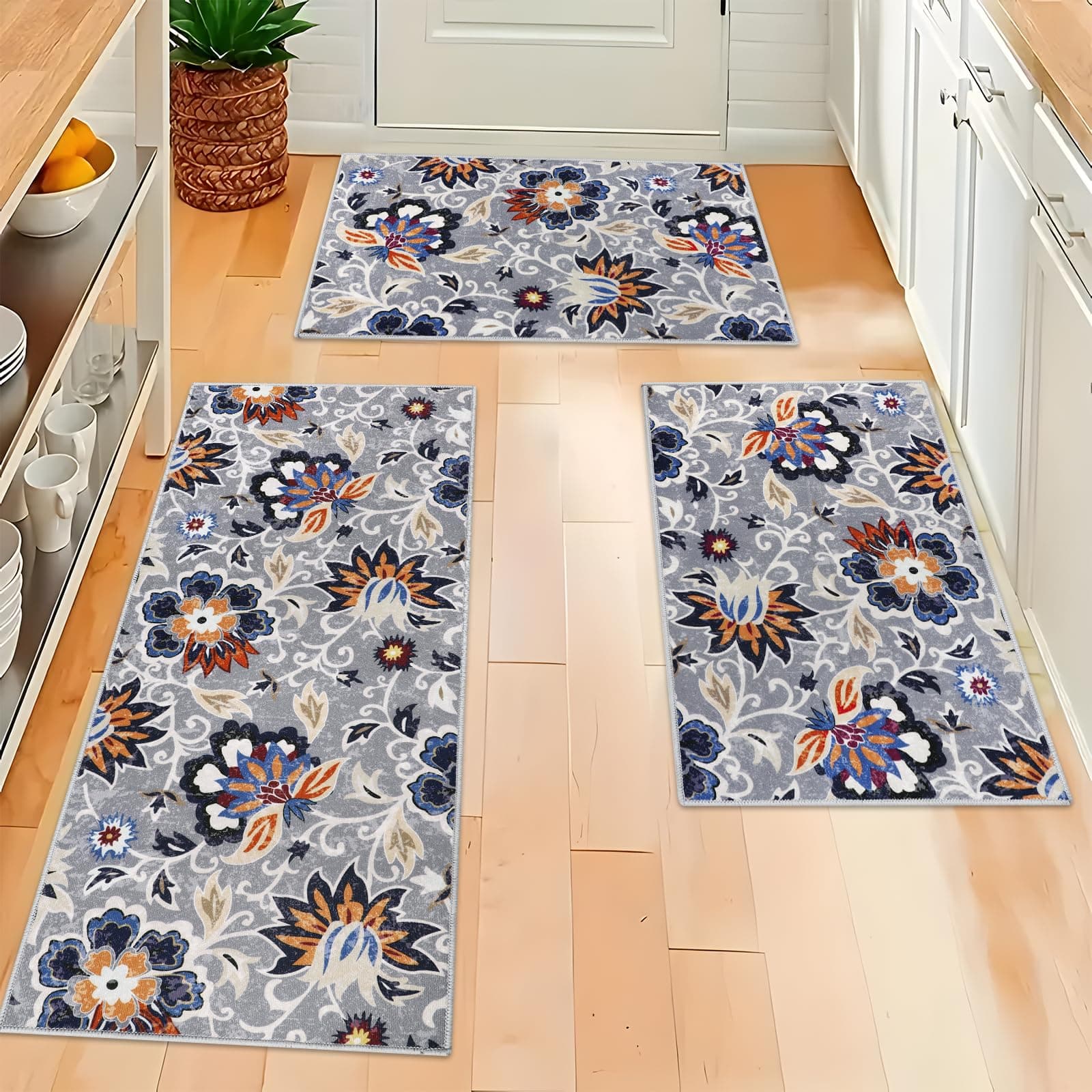 HomcomodaBoho Kitchen Mats 3 Piece Set Kitchen Rugs Non Slip Kitchen Mats for Floor Washable Kitchen Rugs and Mats Floral Kitchen Runner Rugs for Hallway Kitchen LaundryOEKO-TEX STANDARD 100