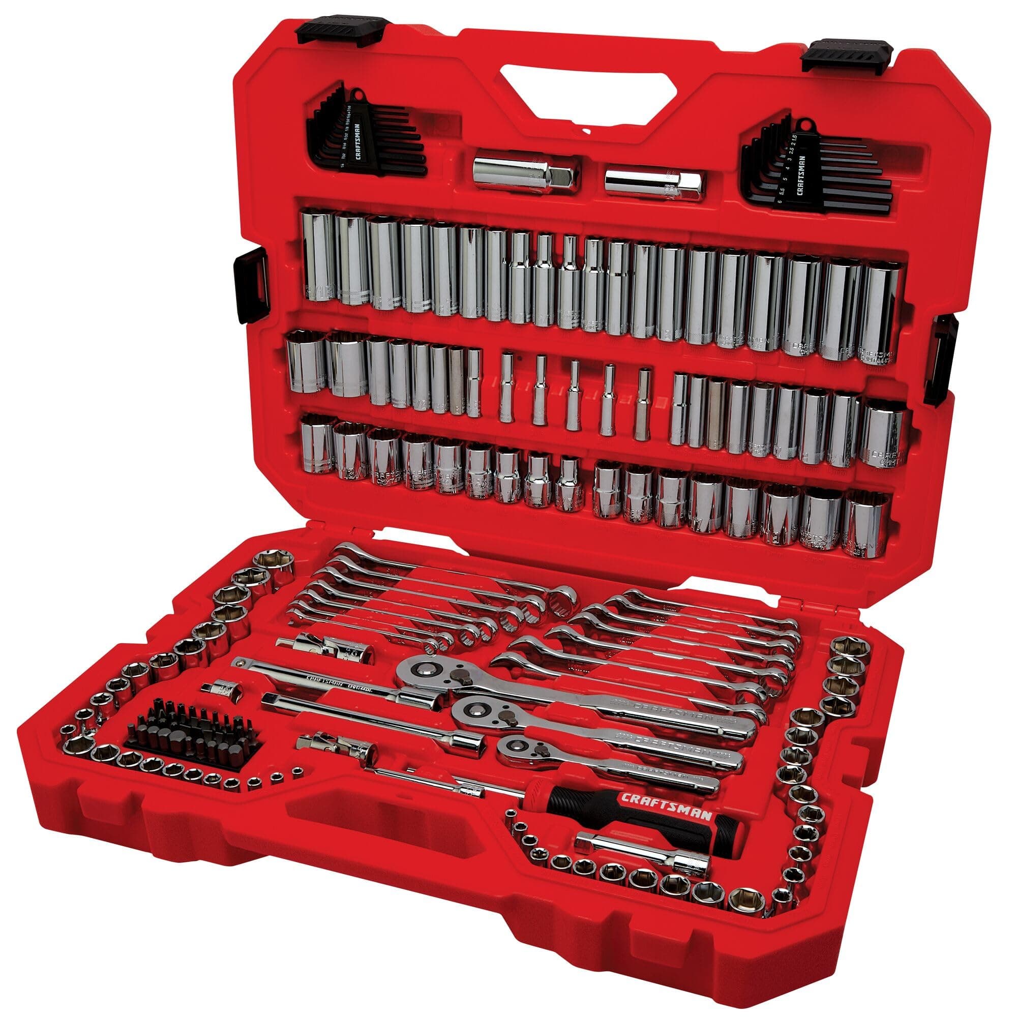 CRAFTSMAN Mechanic Tool Set 189 Pcs, 1/4, 3/8, 1/2 Socket Set with 72 Tooth Low Profile Ratchet, Steel 6 and 12 point Sockets, Wrenches, Hex Keys, Deep Sockets, Bits, Metric and SAE (CMMT12134)
