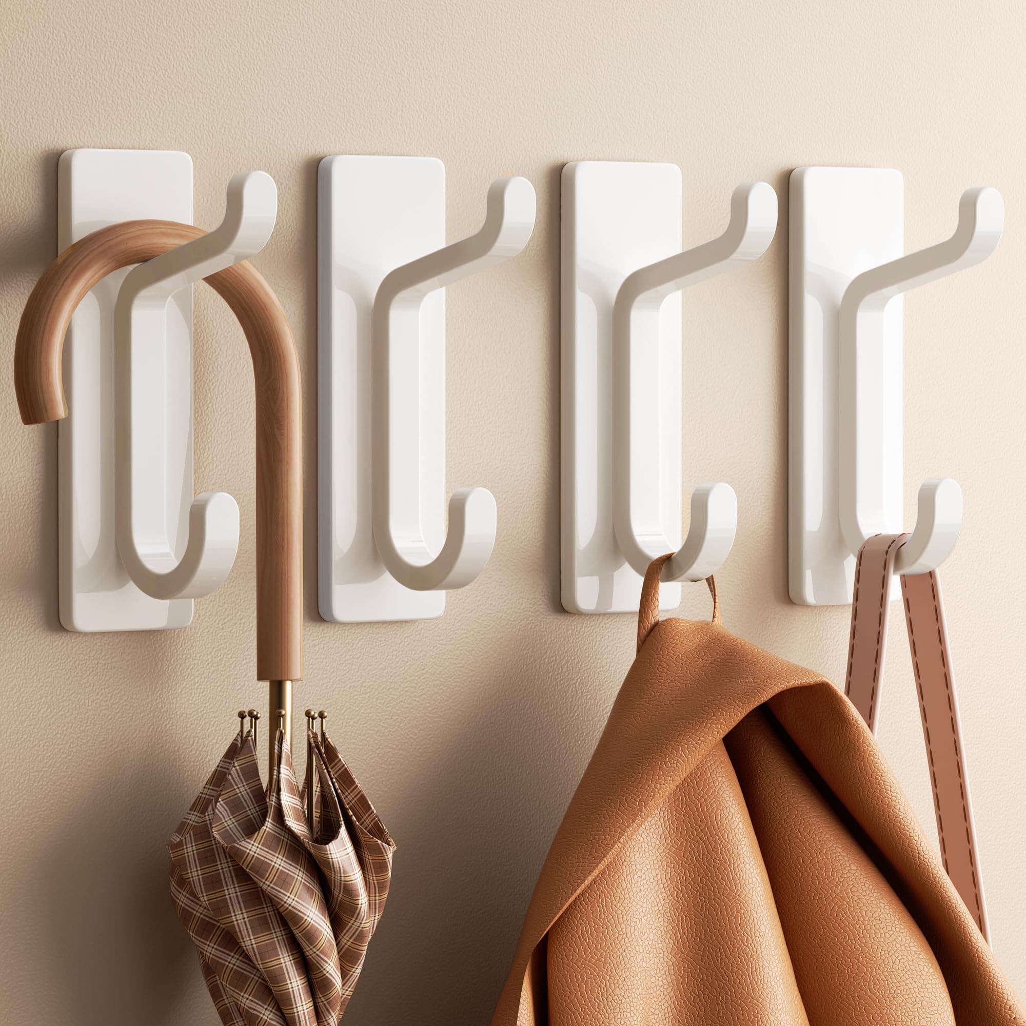 pickpiff Stick on Hooks for Hanging: Extra Srong 6KG (Max), Coat Hook on Door for Towel Coat Hat Key, Heavy Duty, Self Adhesive Hangers Wall Mounted, White 4 Pack