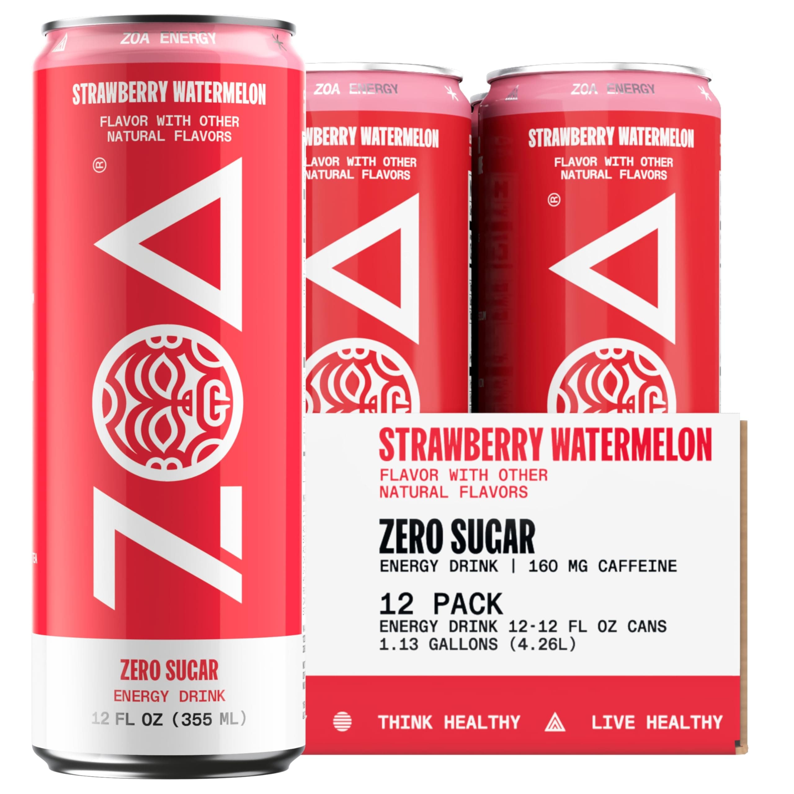 ZOA Zero Sugar Energy Drinks - Healthy Energy Formula with Vitamins, Electrolytes, Antioxidants, 160mg of Natural Caffeine - Strawberry Watermelon, 12 Ounce (Pack of 12)